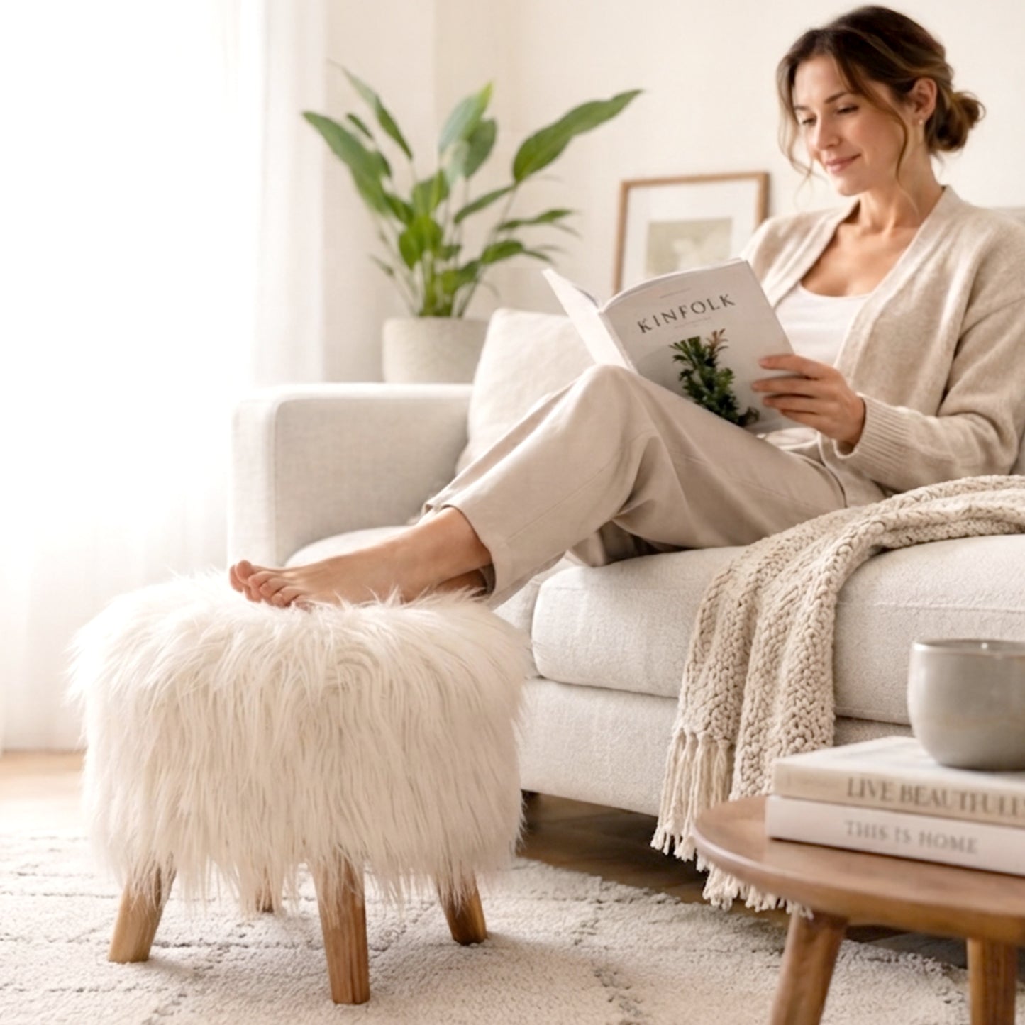 Cheer Collection Faux Fur Wood Leg Stool, White