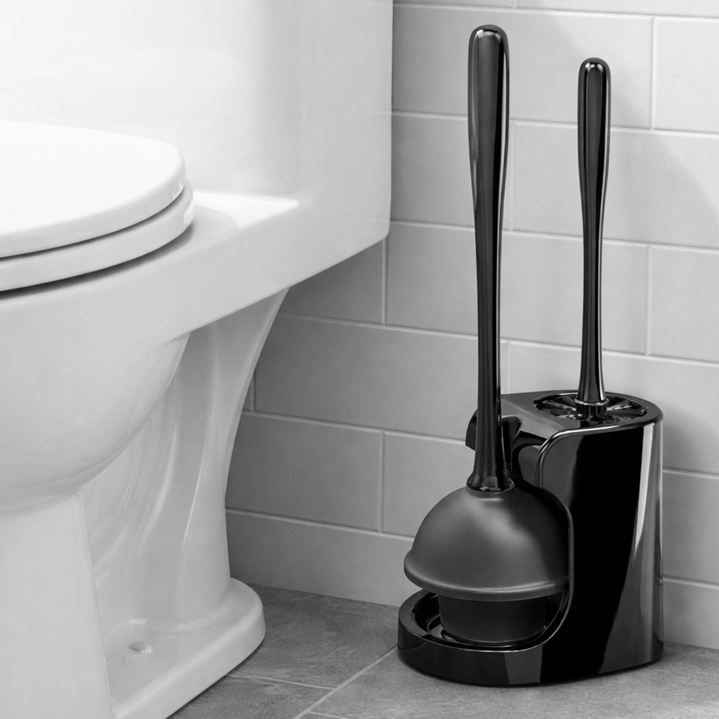 Cheer Collection Dual Action Toilet Plunger and Bowl Brush Set with Compact Storage Holder