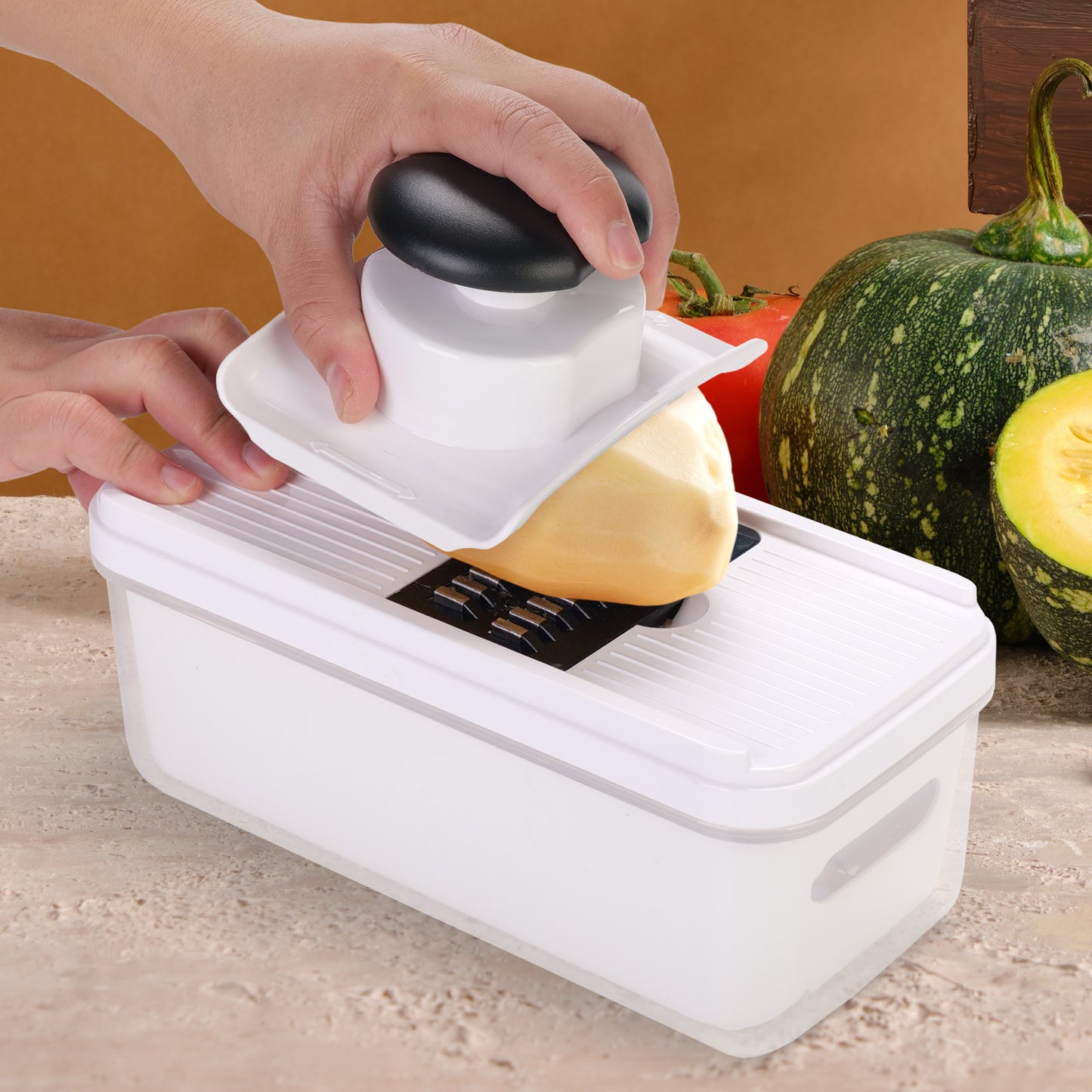 Cheer Collection 7 Blade Vegetable Slicer and Chopper with Container and Lid Black and White