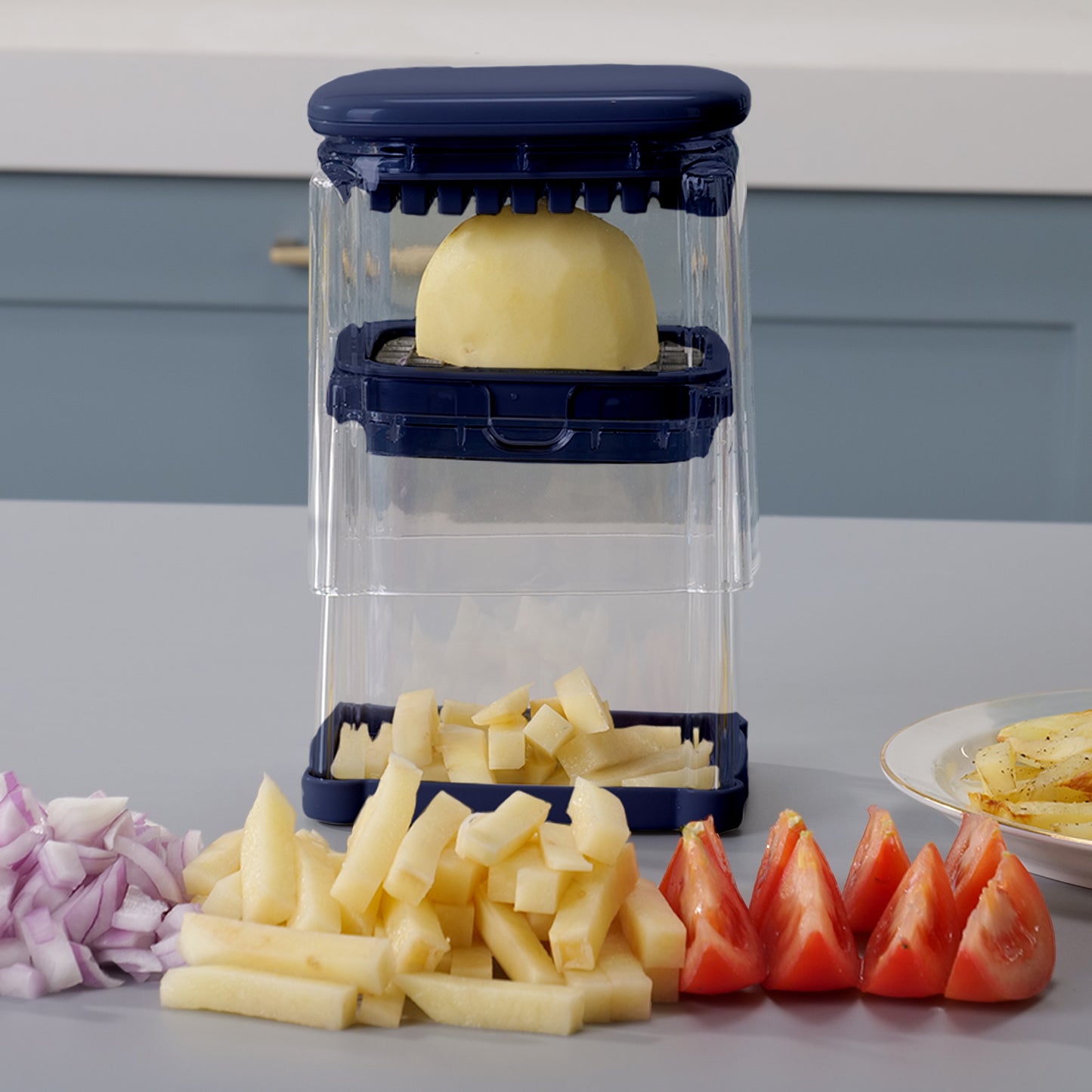Cheer Collection Vegetable Chop Box with 3 Interchangeable Blades, Navy Blue