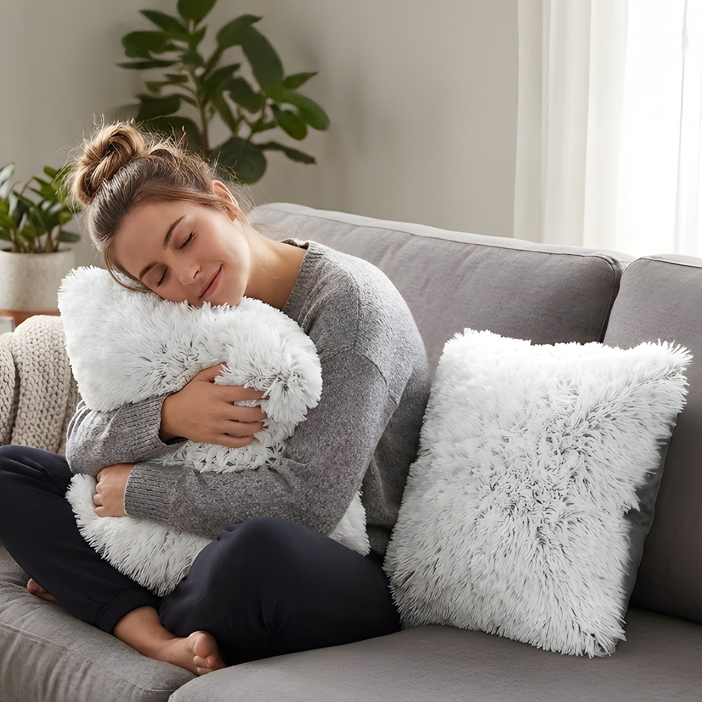 Cheer Collection Set of 2 Shaggy Long Hair Throw Pillows | Super Soft and Plush Faux Fur Accent Pillows - 18 x 18 inches