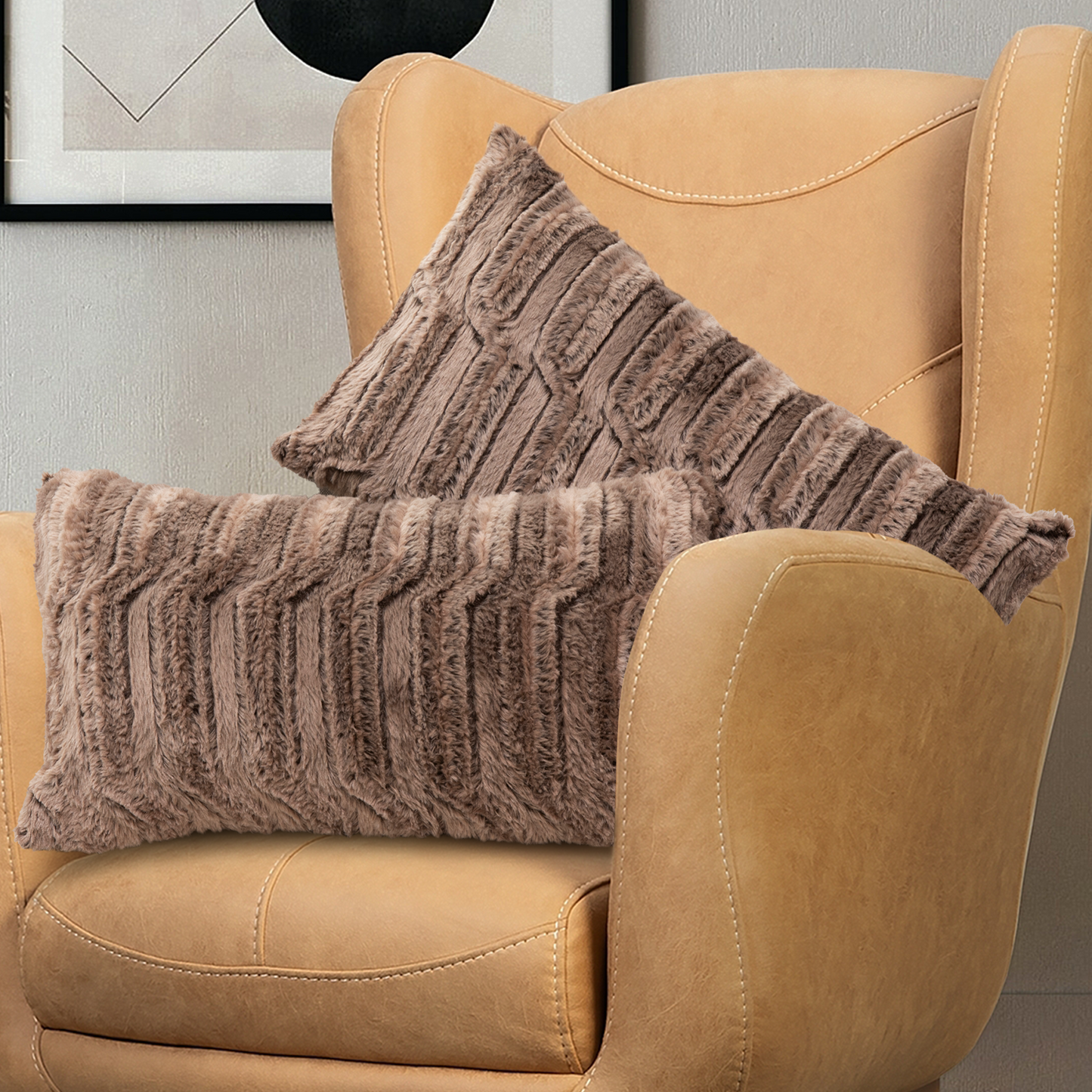 Cheer Collection Decorative Faux Fur Throw Pillow  with Inserts - Luxuriously Soft Bamboo Design Accent Pillows – 12” x 20” - Set of 2