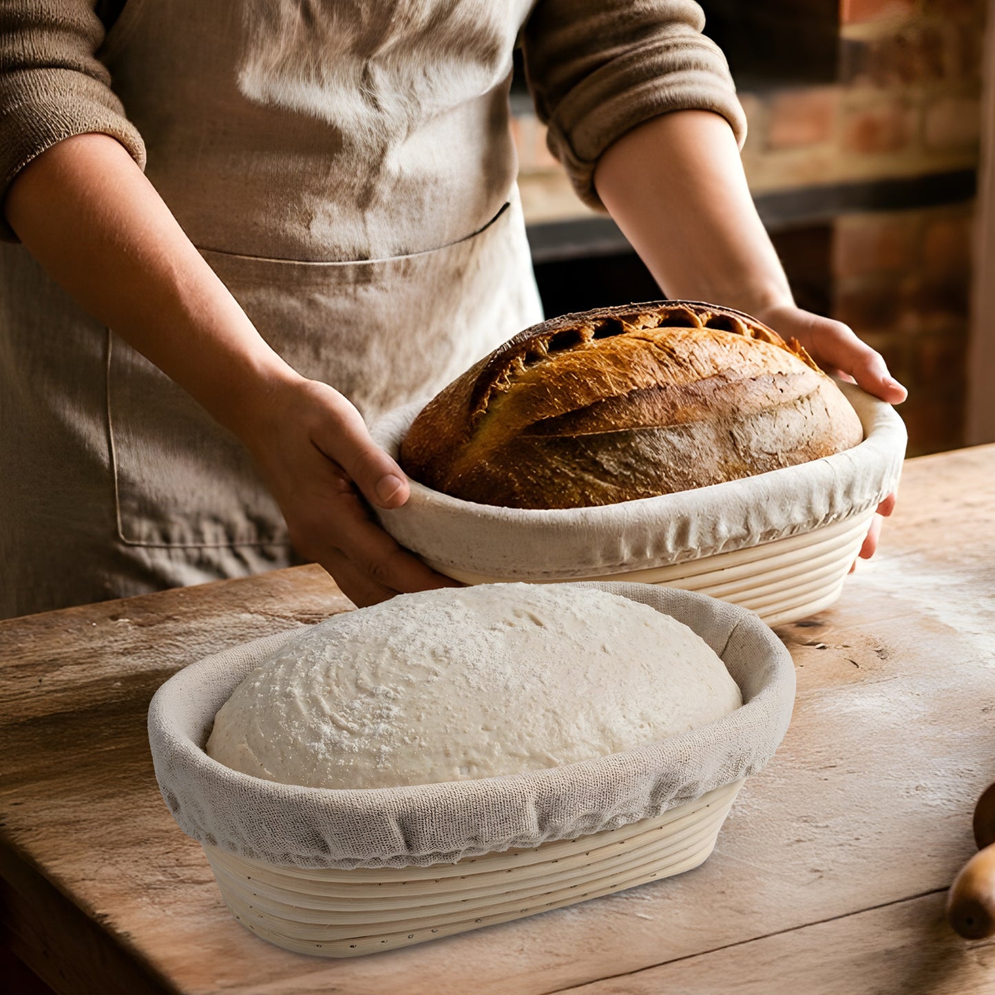 Cheer Collection Artisan Sourdough Banneton Proofing Basket with Linen Liner, Set of 2