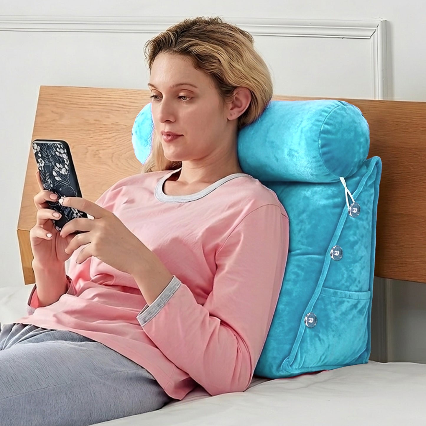 Cheer Collection Wedge Shaped Back Support Pillow and Bed Rest Cushion for Reading, Gaming, Watching - with Adjustable Neck Pillow