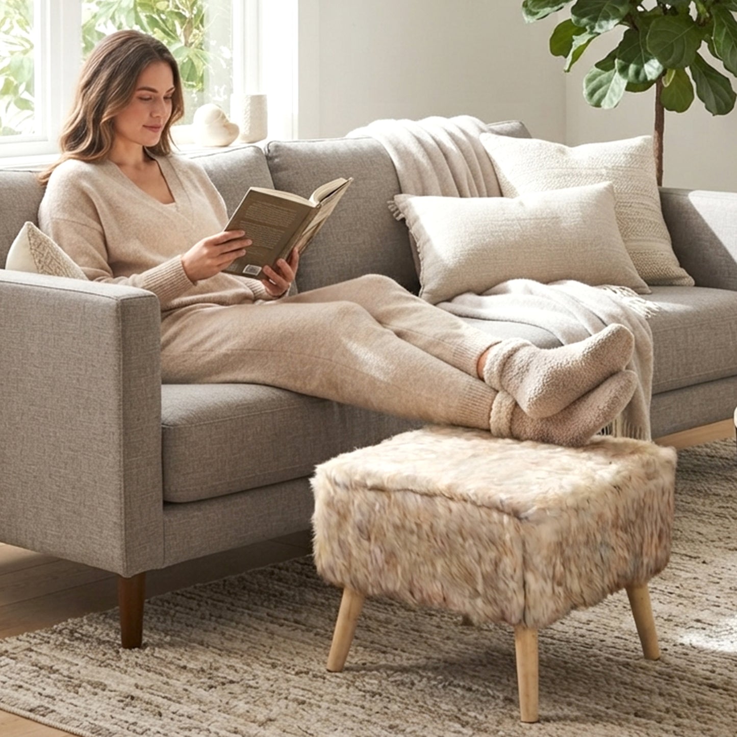 Cheer Collection Faux Fur Wood Leg Stool