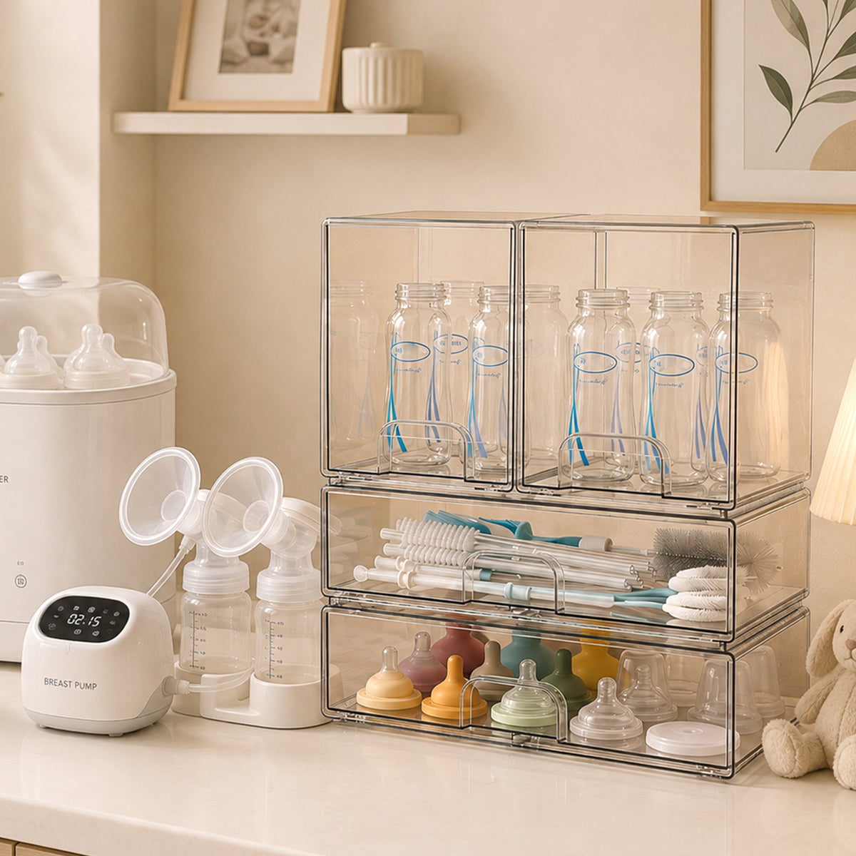 Cheer Collection Clear Stackable Storage Drawers, 4-Piece Modular Organizer Set