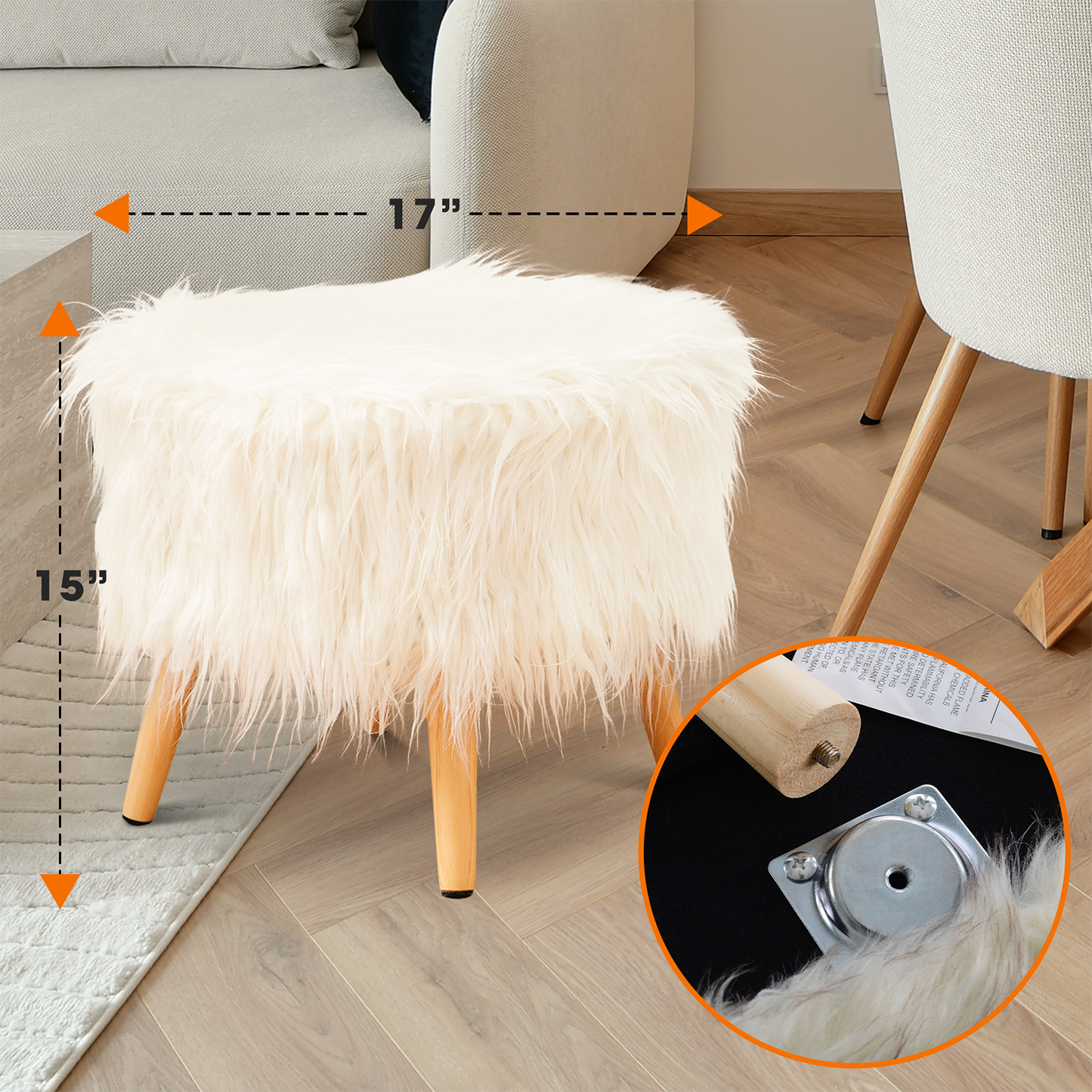 Cheer Collection Faux Fur Wood Leg Stool, White
