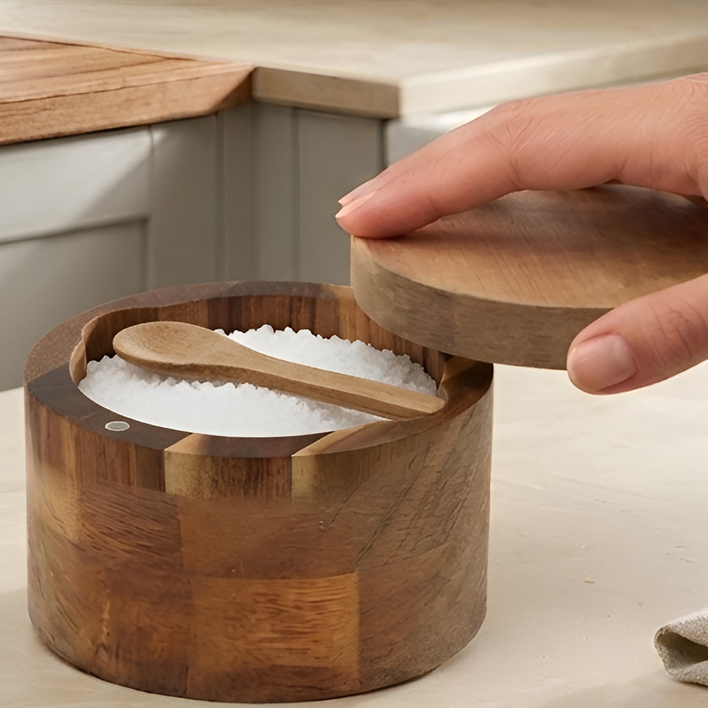 Cheer Collection Acacia Wood Salt Cellar with Magnetic Swivel Lid & Spoon