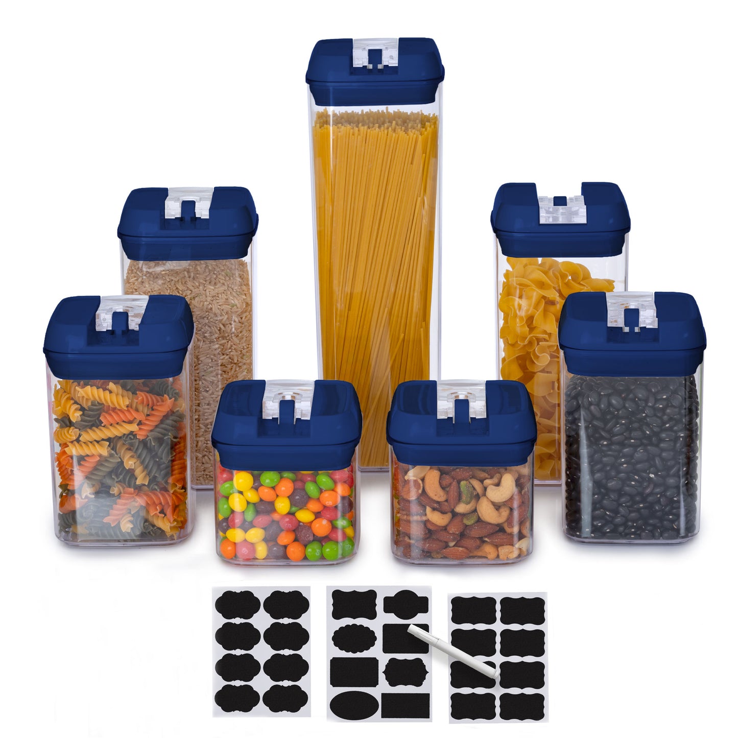 Cheer Collection Set of 7 Airtight Food Storage Containers plus Dry Erase Marker and Label - Multiple Colors Available