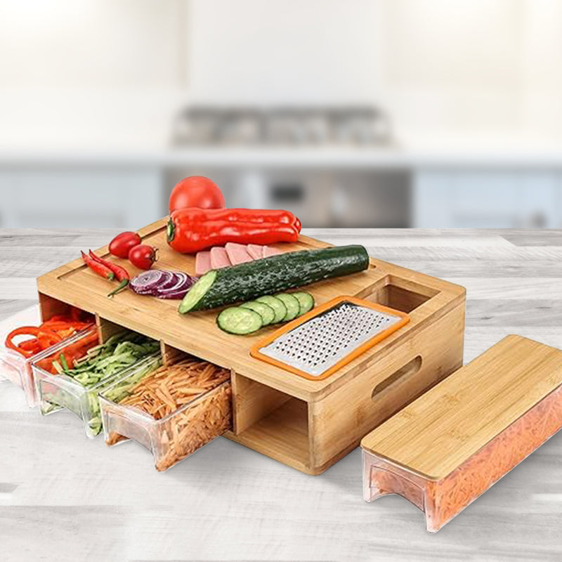 Cheer Collection Bamboo Cutting Board with Integrated Graters and 4 Storage Trays with Lids