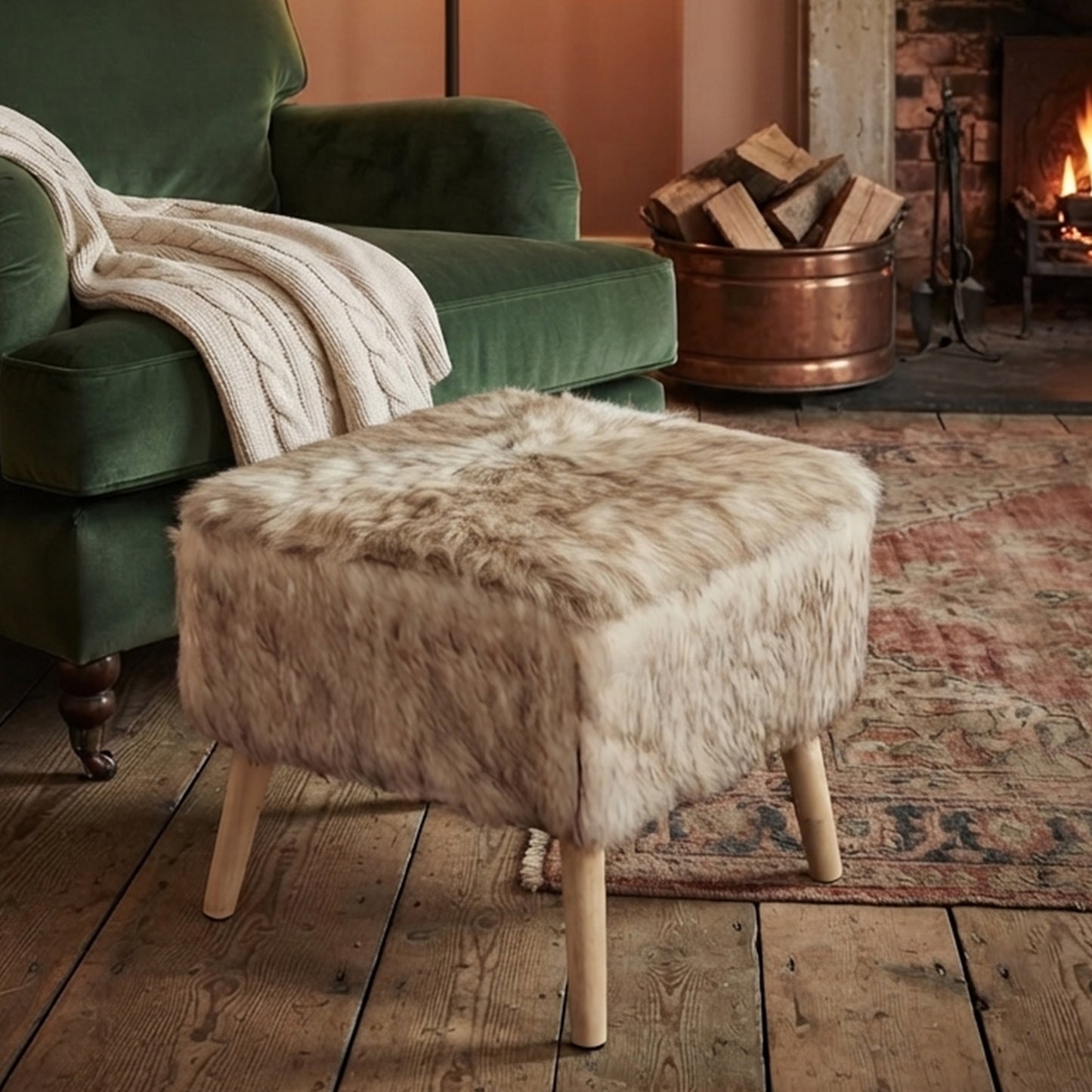 Cheer Collection Faux Fur Wood Leg Stool