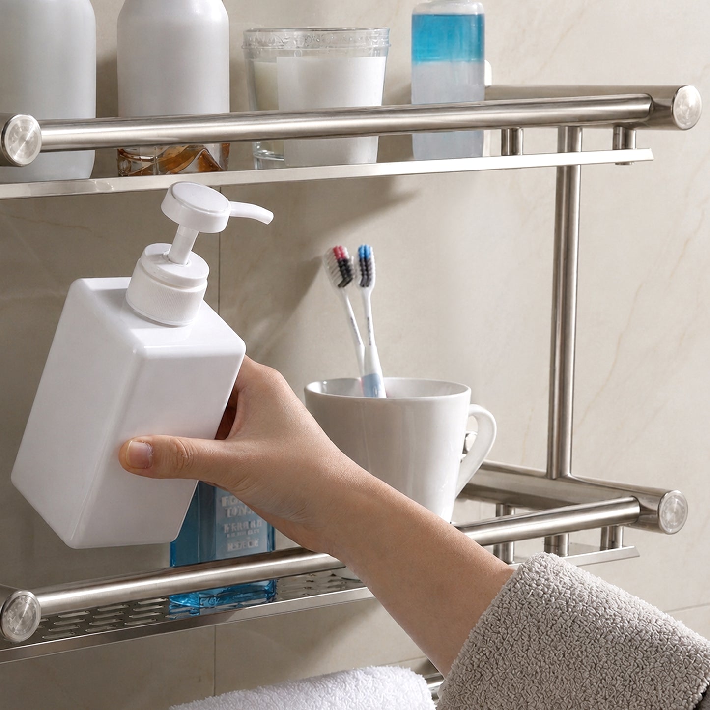 Cheer Collection Wall Mounted Shower Caddy & Towel Hooks - No Drilling Necessary