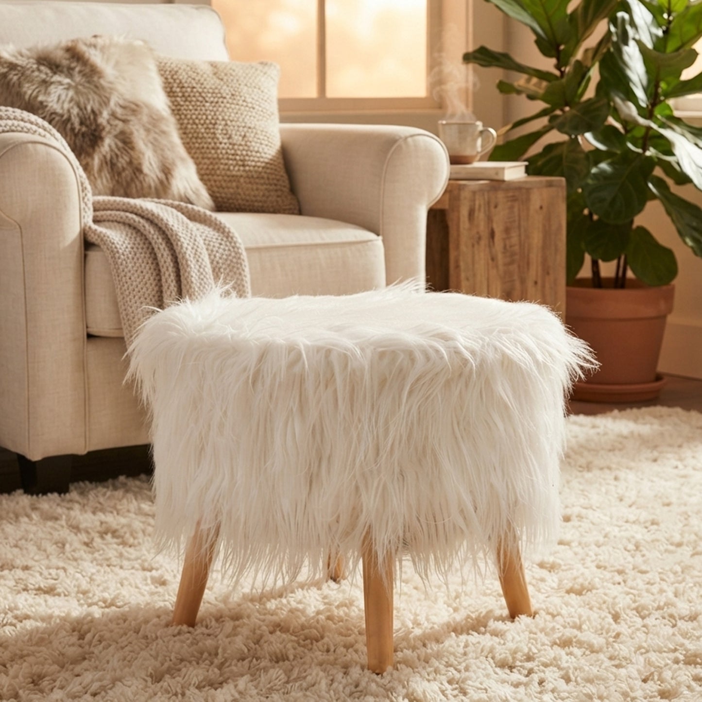 Cheer Collection Faux Fur Wood Leg Stool, White
