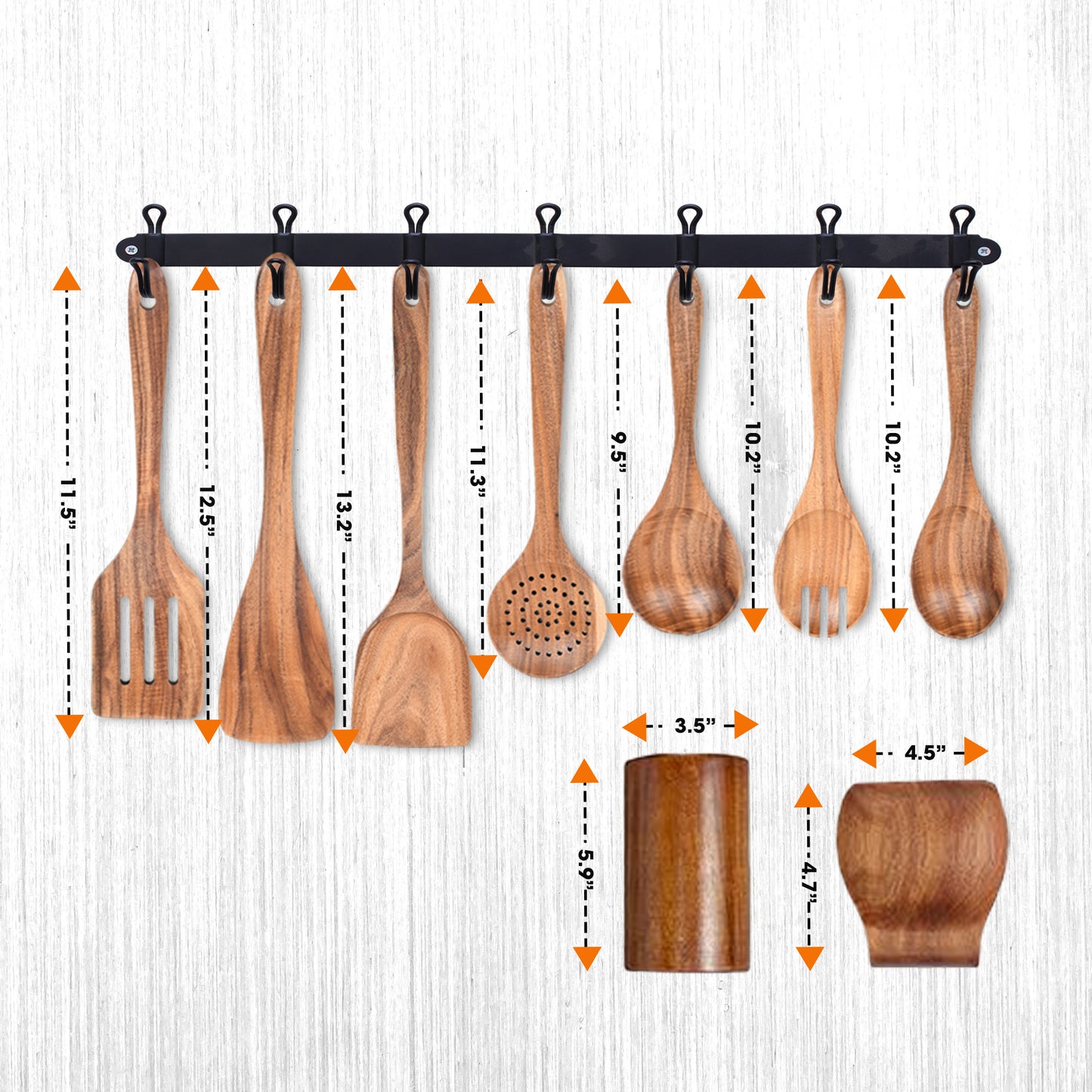 Cheer Collection 9 Piece Deluxe Wooden Utensils Set with Holder and Spoon Rest