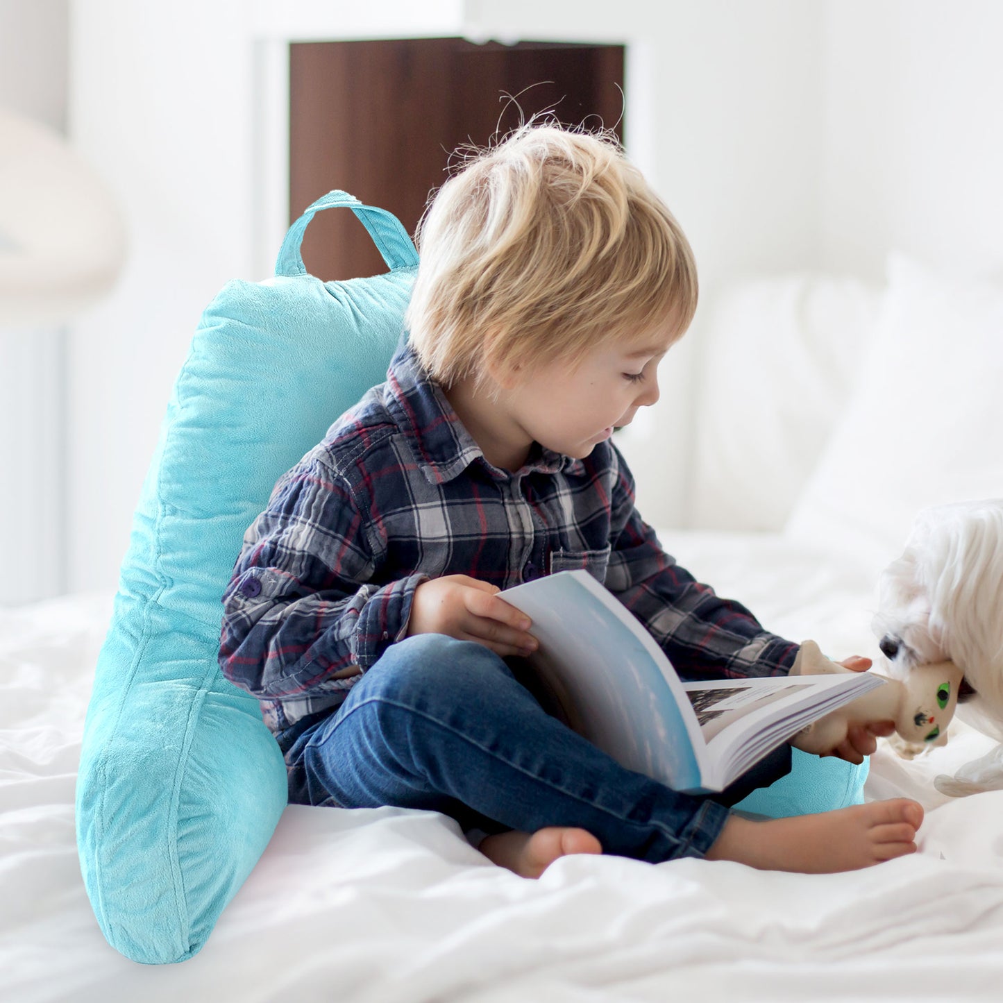 Cheer Collection Kids Size Reading and Gaming Pillow with Armrest - Plush Fiber Filled Backrest Pillow