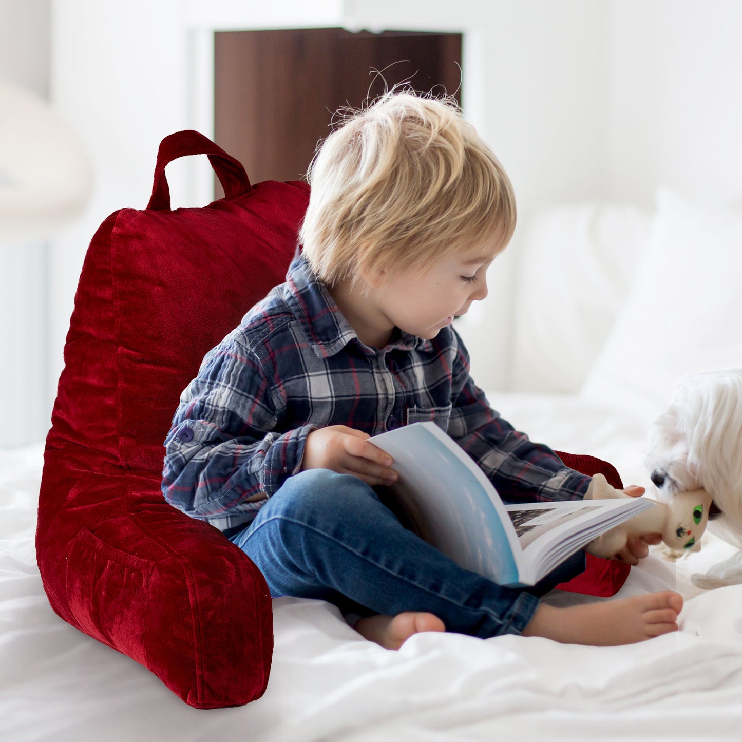 Cheer Collection Kids Size Reading and Gaming Pillow with Armrest - Plush Fiber Filled Backrest Pillow