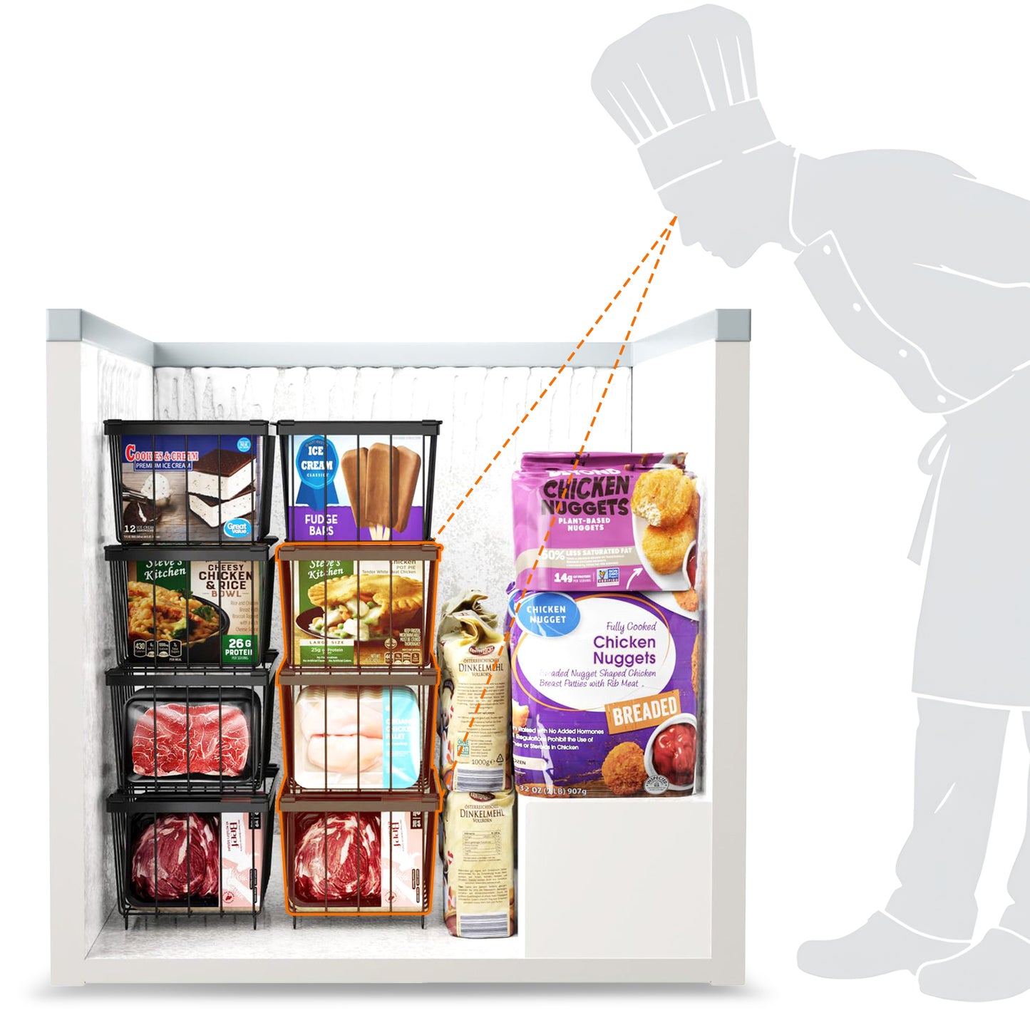 Cheer Collection Stackable Metal Freezer Organizer Baskets for Freezer & Home Storage, Set of 4