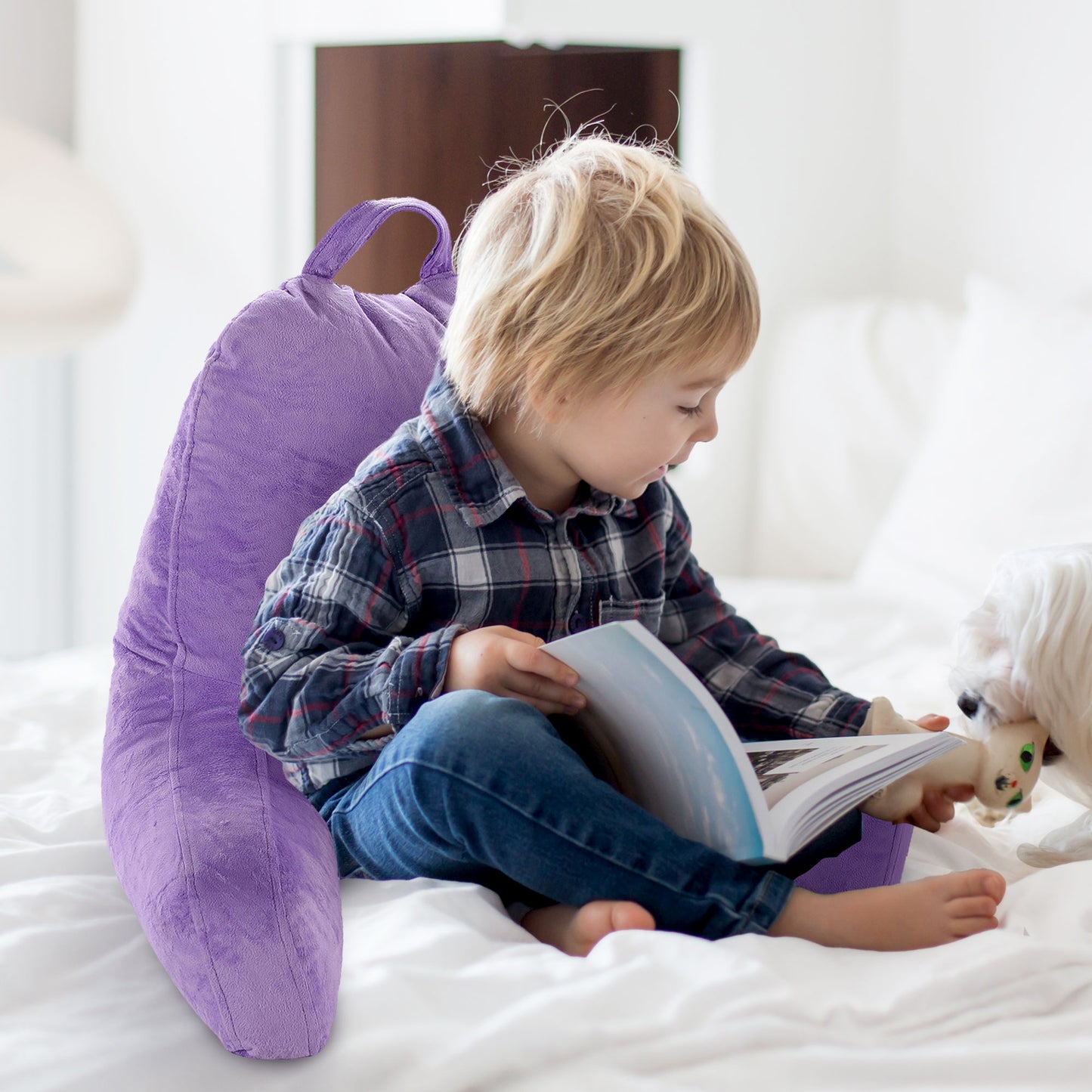 Cheer Collection Kids Size Reading and Gaming Pillow with Armrest - Plush Fiber Filled Backrest Pillow