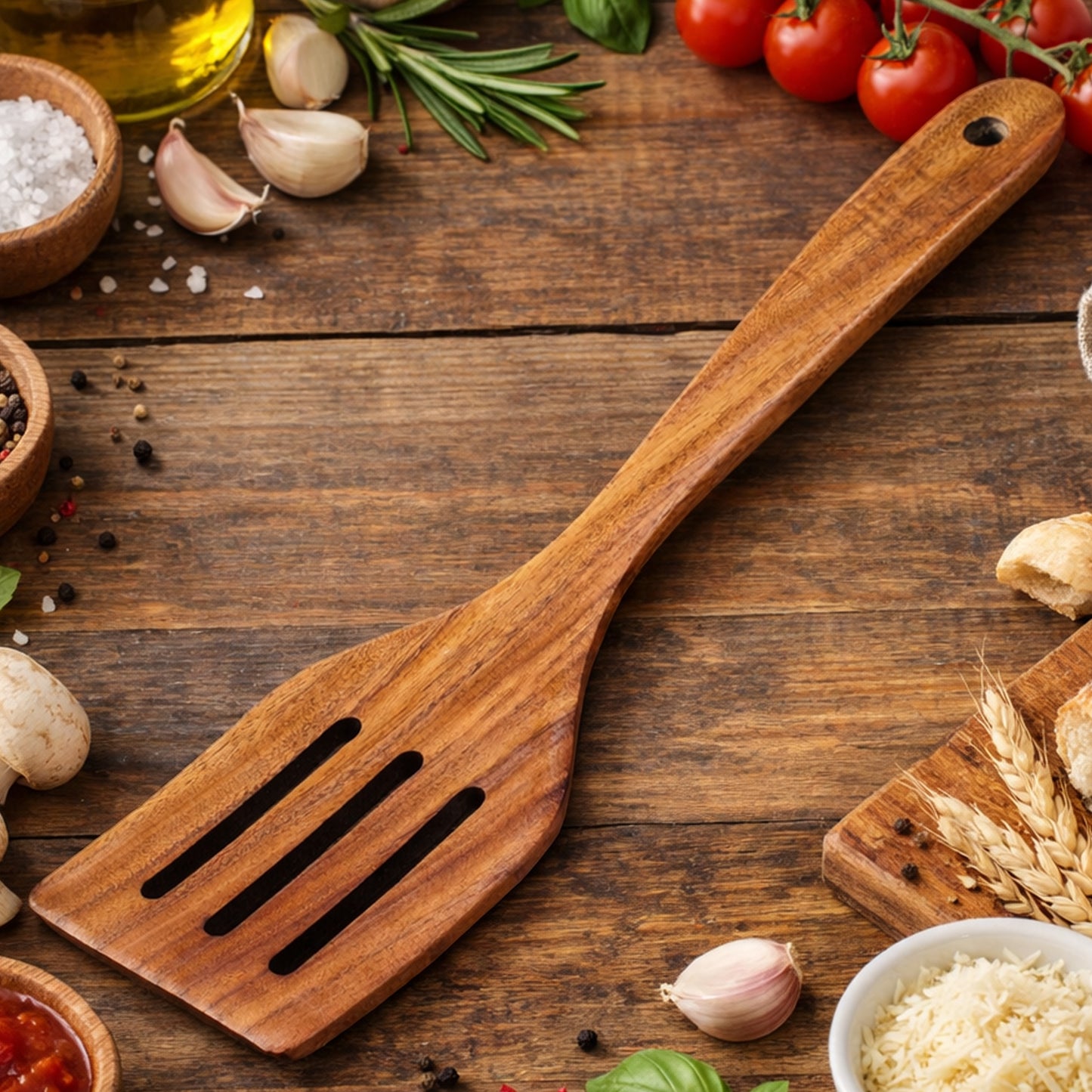 Cheer Collection Teak Wood Slotted Spatula for Cooking with Drain Slots and Nonstick Safe Design