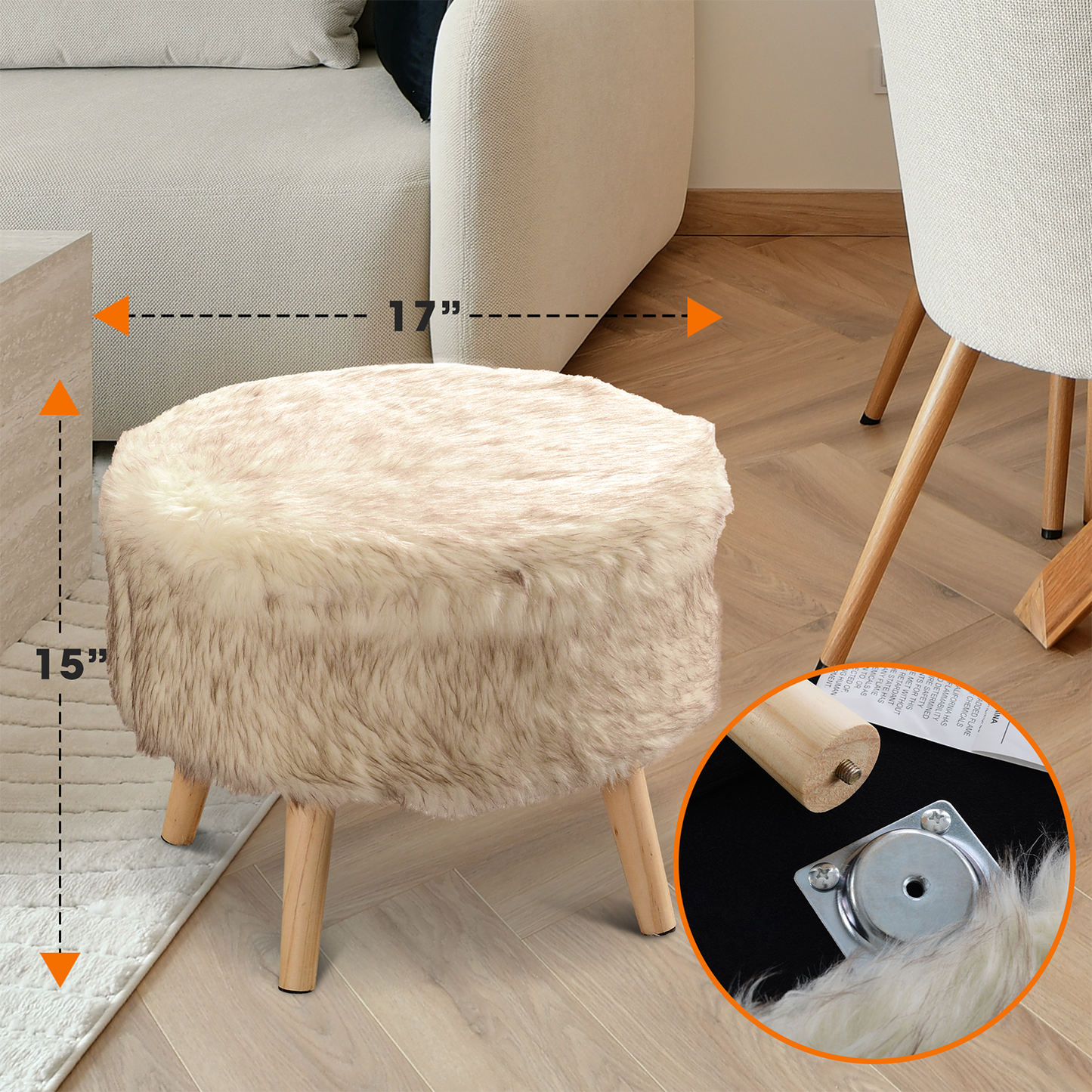 Cheer Collection Faux Fur Wood Leg Stool