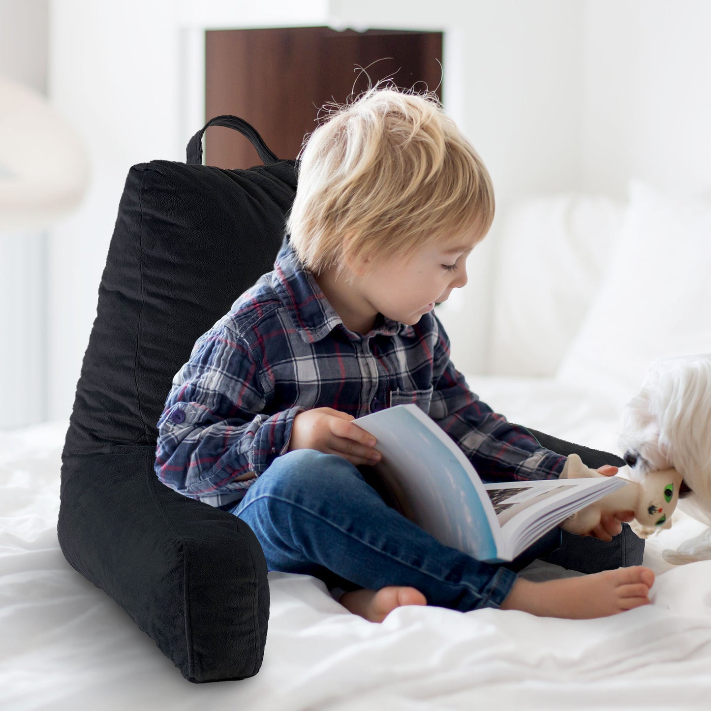 Cheer Collection Kids Size Reading and Gaming Pillow with Armrest - Plush Fiber Filled Backrest Pillow