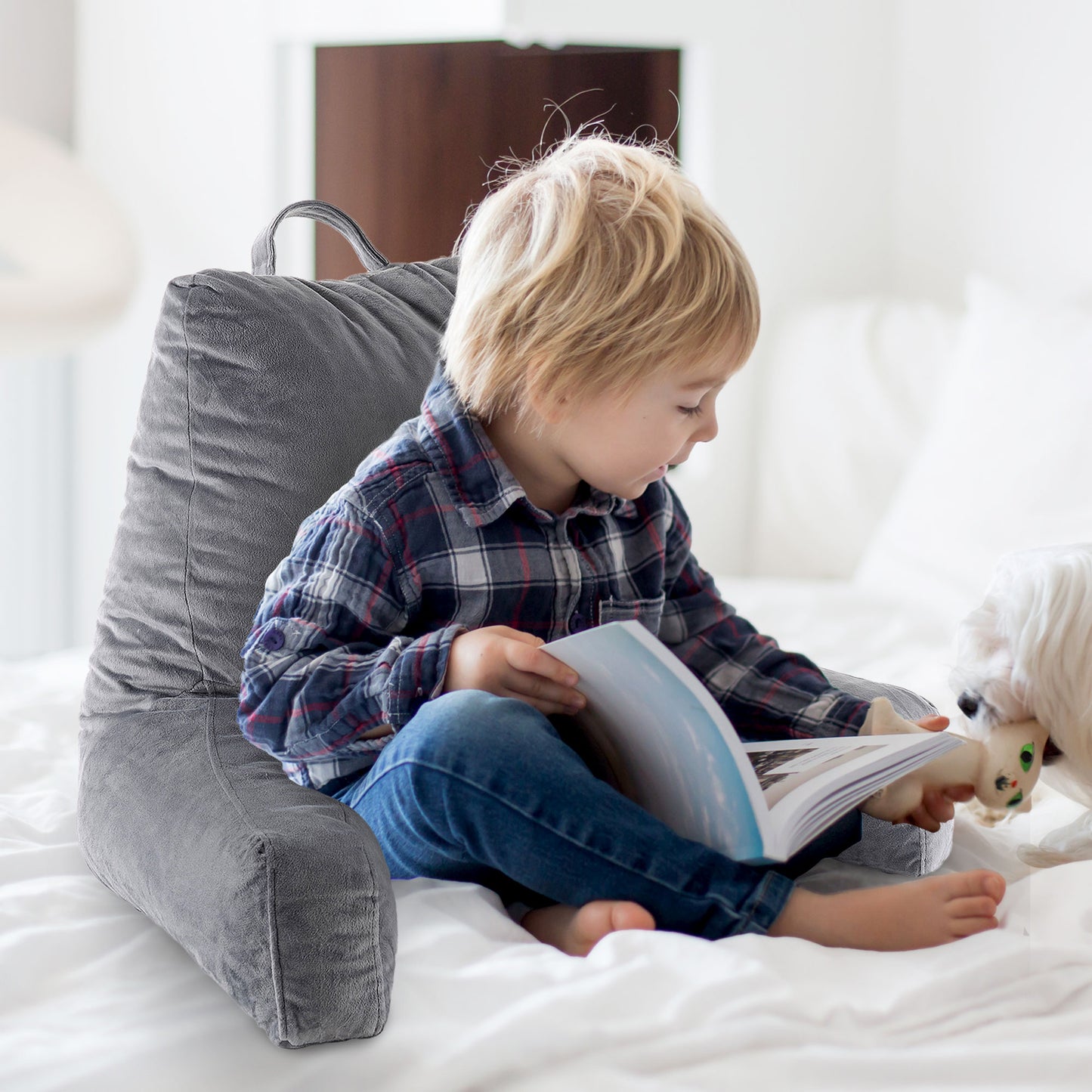 Cheer Collection Kids Size Reading and Gaming Pillow with Armrest - Plush Fiber Filled Backrest Pillow