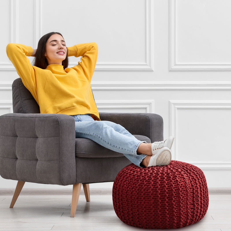 Cheer Collection 18" Round Pouf Ottoman - Chunky Hand-Knit Decorative and Comfortable Foot Rest