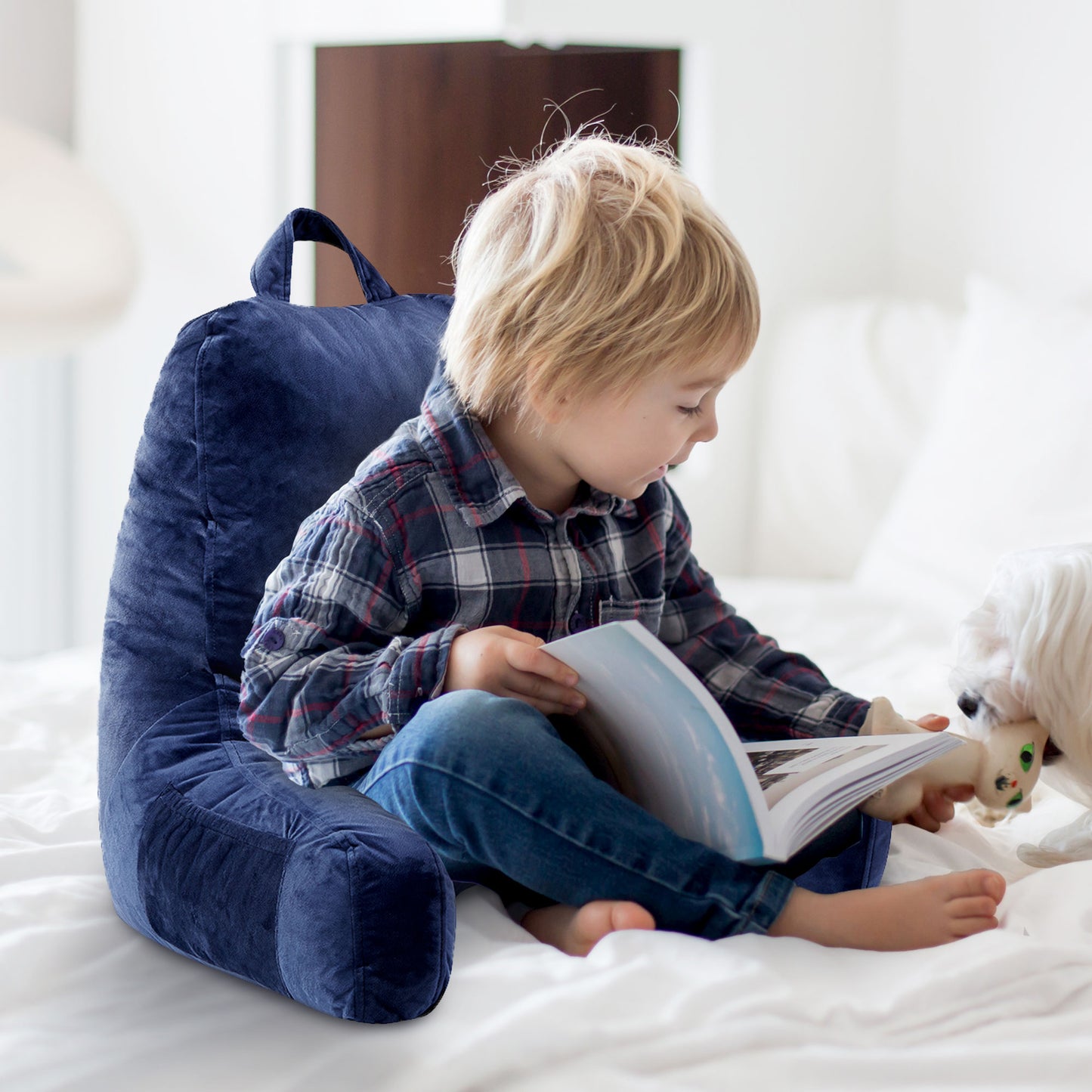 Cheer Collection Kids Size Reading and Gaming Pillow with Armrest - Plush Fiber Filled Backrest Pillow