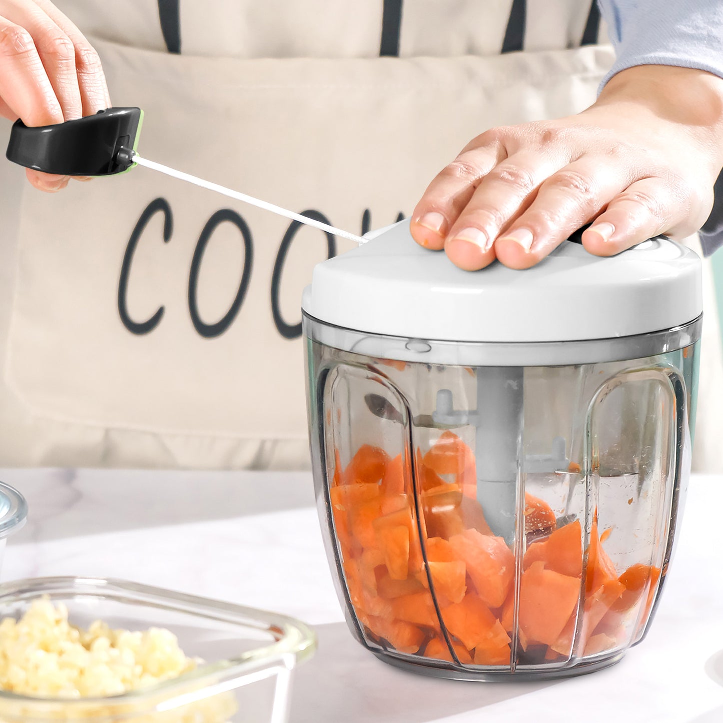 Cheer Collection Manual Vegetable Chopper with Pull String, 30oz, Black and White