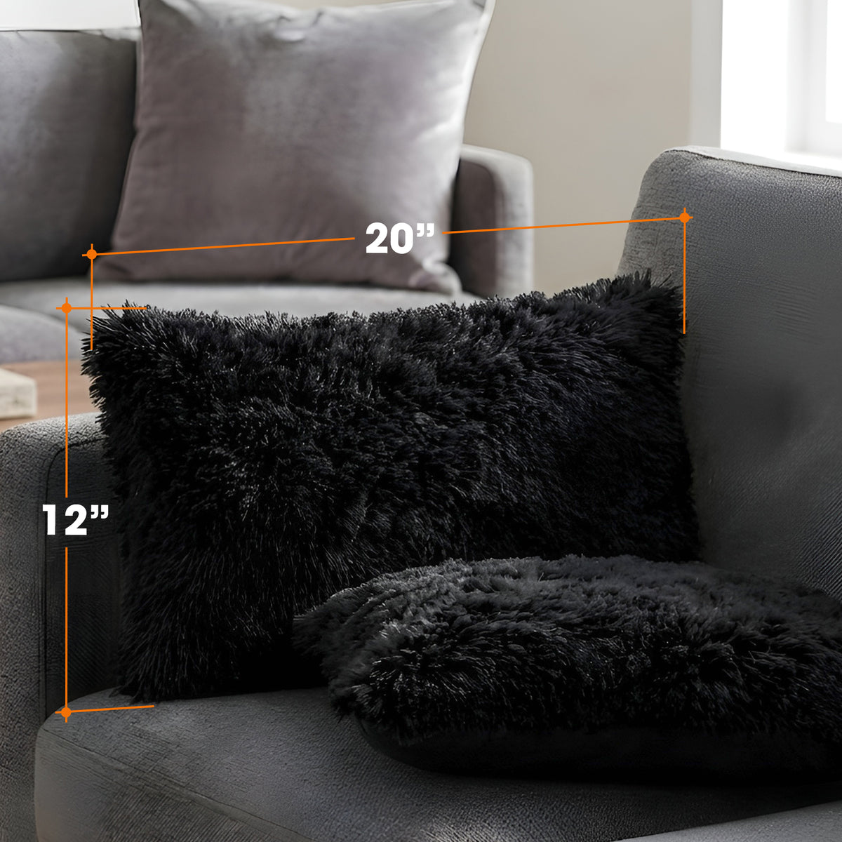 Cheer Collection  Shaggy Long Hair Throw Pillows - Super Soft and Plush Faux Fur Lumbar Accent Pillows - 12 x 20 - Set of 2