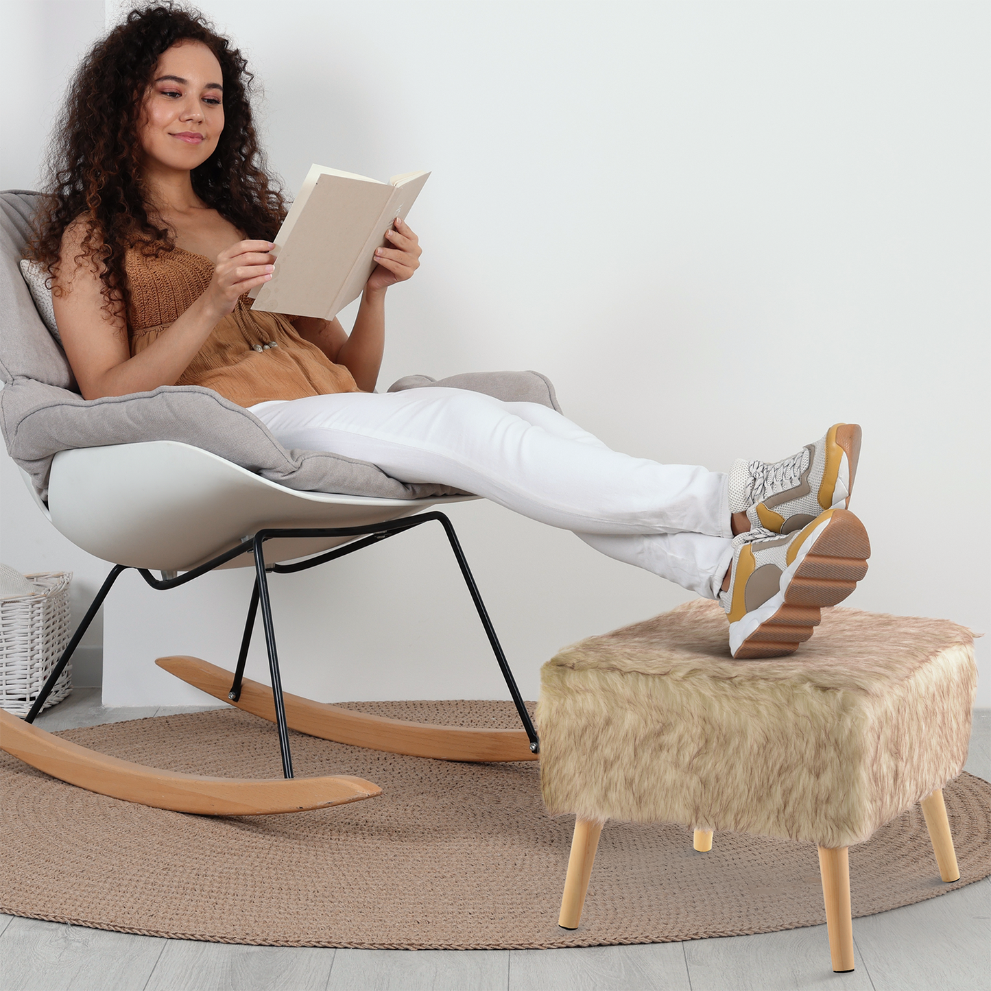 Cheer Collection Faux Fur Wood Leg Stool