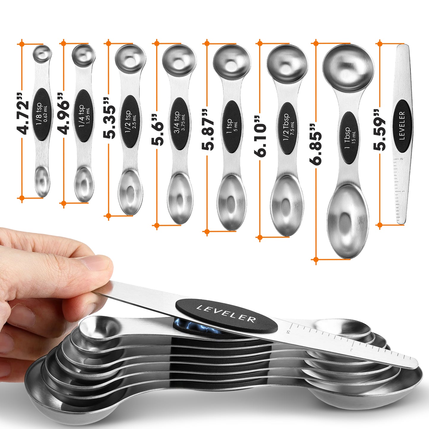 Cheer Collection Magnetic Stainless Steel Measuring Spoons Set with Leveler for Baking Cooking