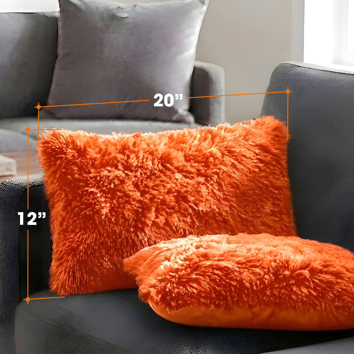 Cheer Collection  Shaggy Long Hair Throw Pillows - Super Soft and Plush Faux Fur Lumbar Accent Pillows - 12 x 20 - Set of 2