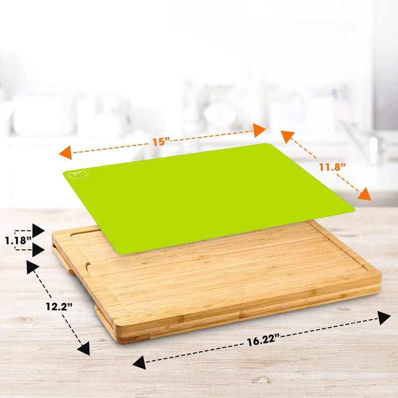 Cheer Collection Wood Cutting Board Set with Color Coded Trays
