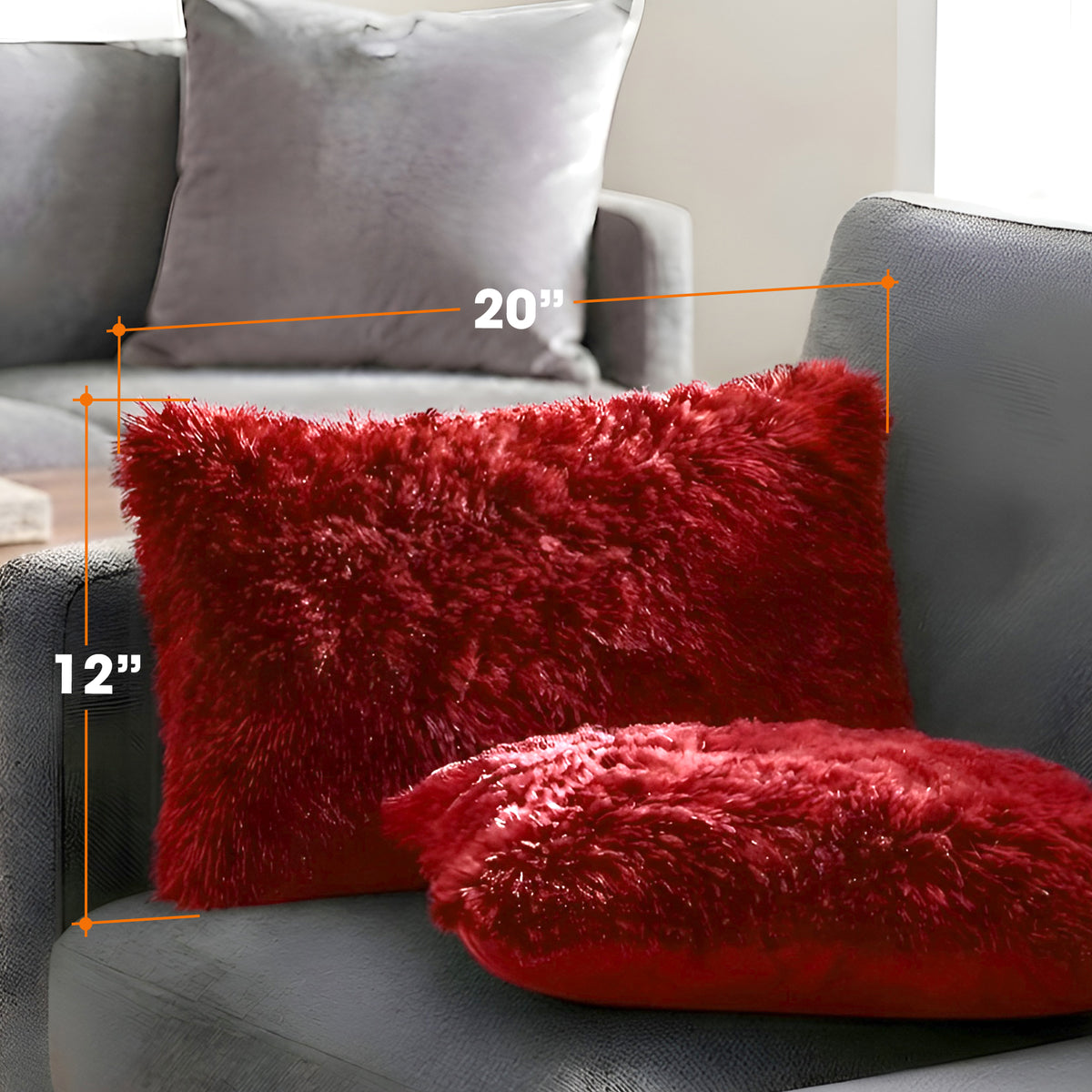 Cheer Collection  Shaggy Long Hair Throw Pillows - Super Soft and Plush Faux Fur Lumbar Accent Pillows - 12 x 20 - Set of 2