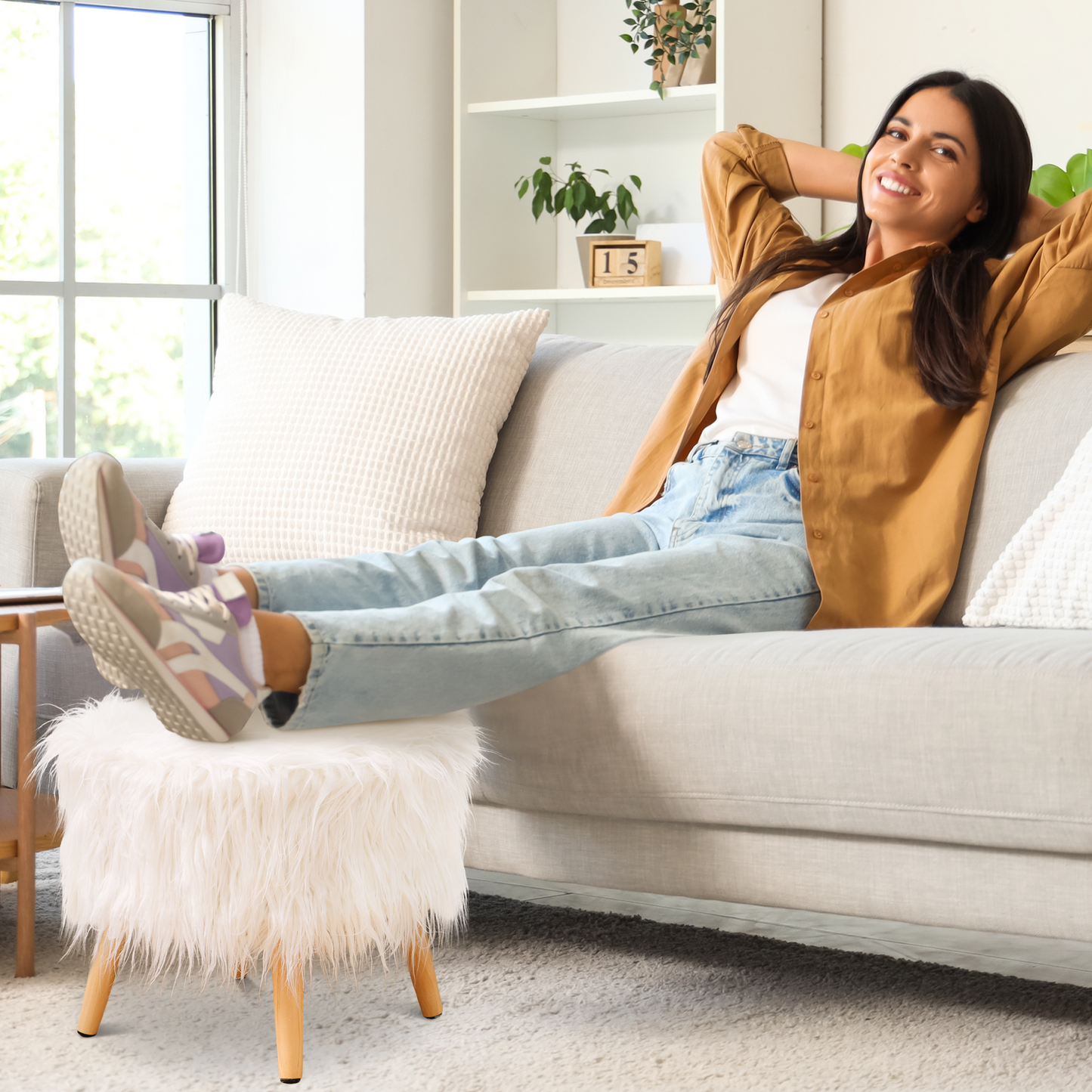 Cheer Collection Faux Fur Wood Leg Stool, White