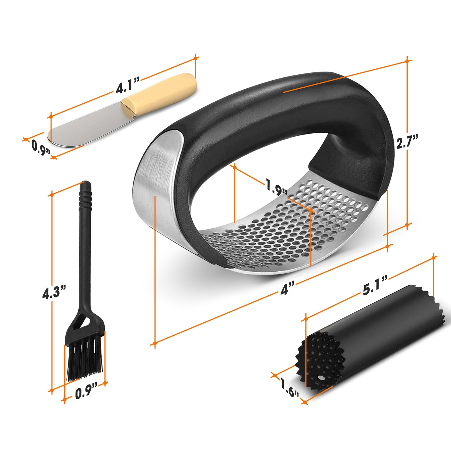 Cheer Collection Garlic Press Rocker Set Stainless Steel Garlic Mincer with Peeler Brush and Scraper