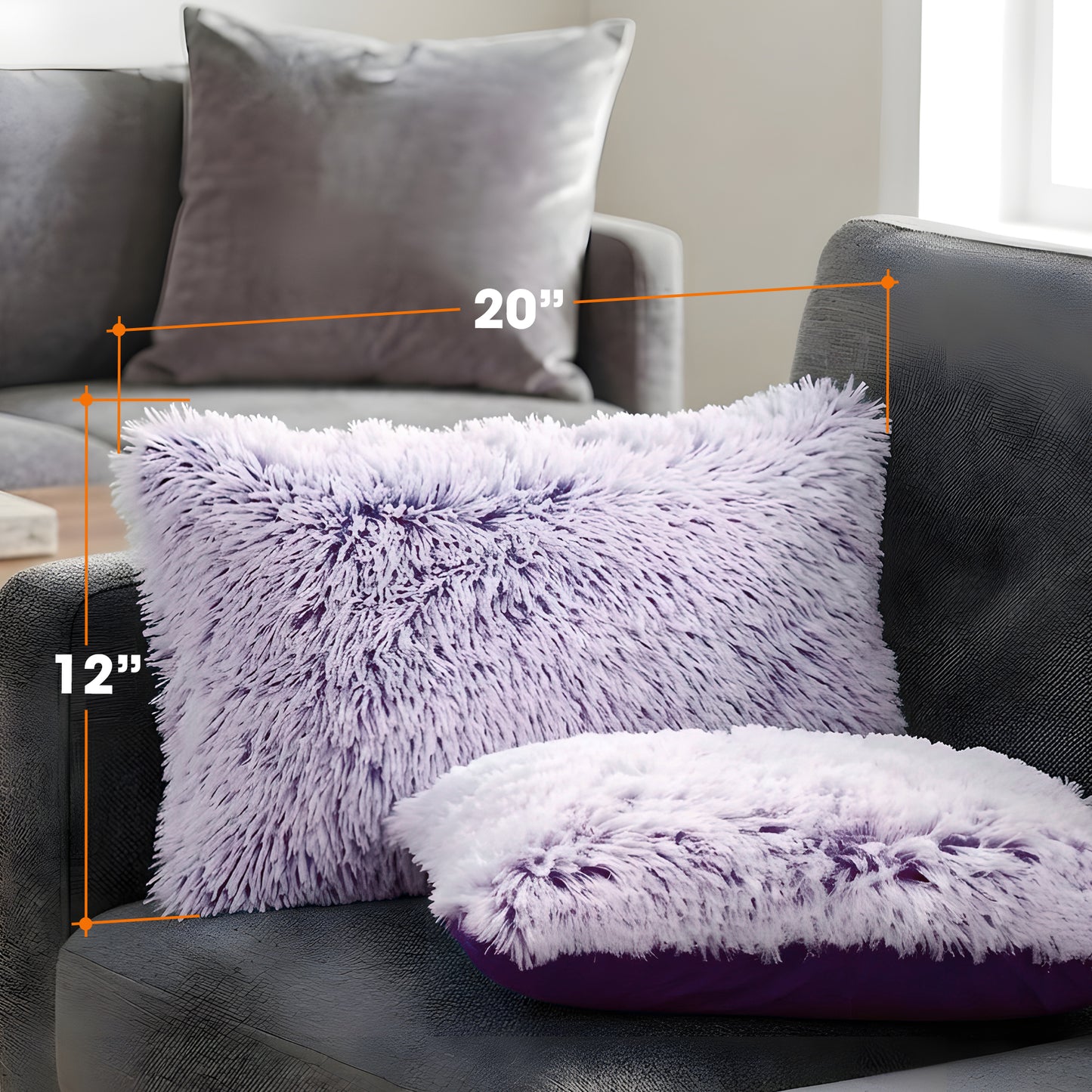Cheer Collection  Shaggy Long Hair Throw Pillows - Super Soft and Plush Faux Fur Lumbar Accent Pillows - 12 x 20 - Set of 2