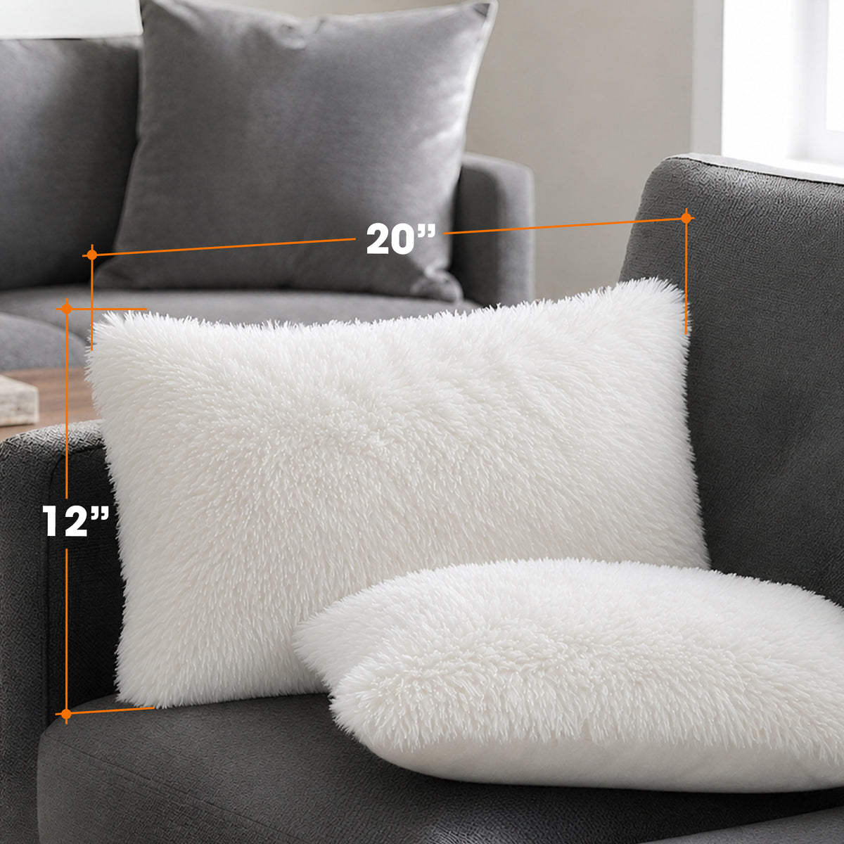 Cheer Collection  Shaggy Long Hair Throw Pillows - Super Soft and Plush Faux Fur Lumbar Accent Pillows - 12 x 20 - Set of 2