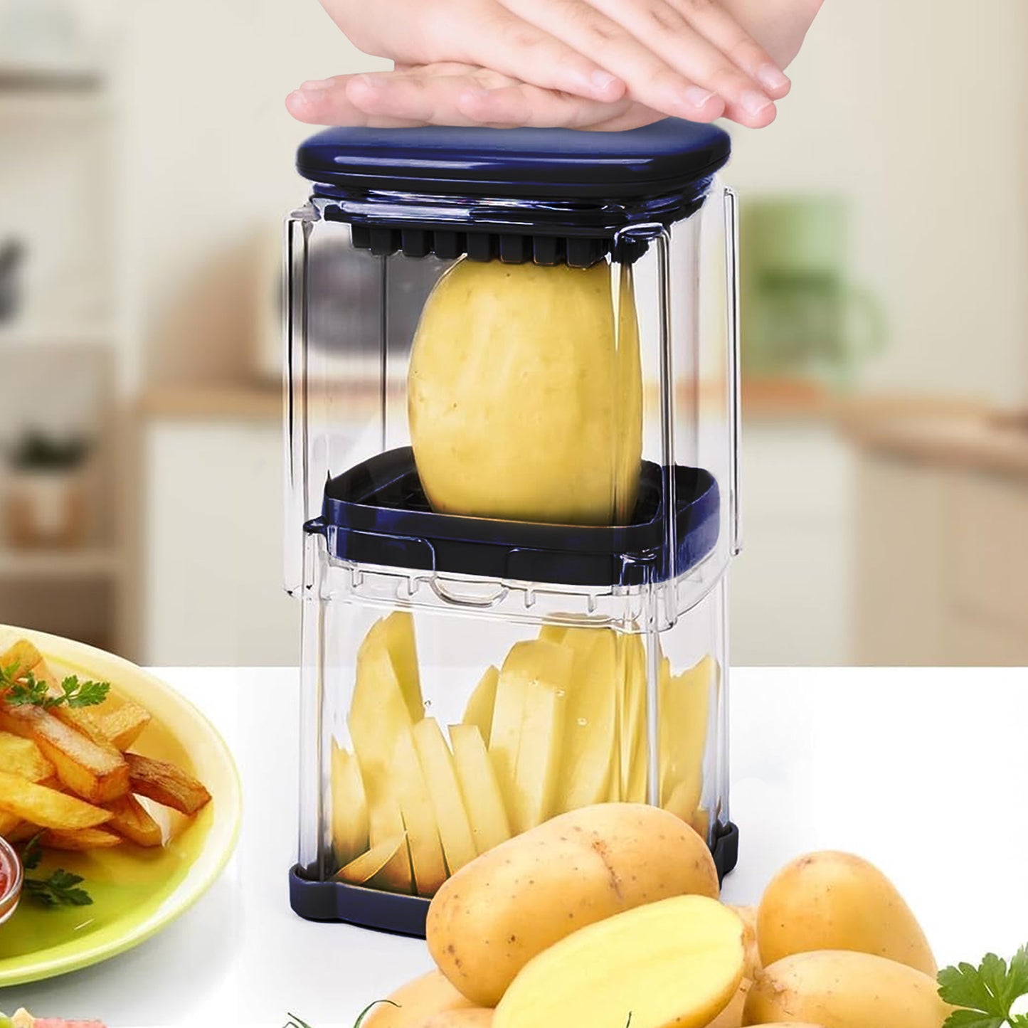 Cheer Collection Vegetable Chop Box with 3 Interchangeable Blades, Navy Blue