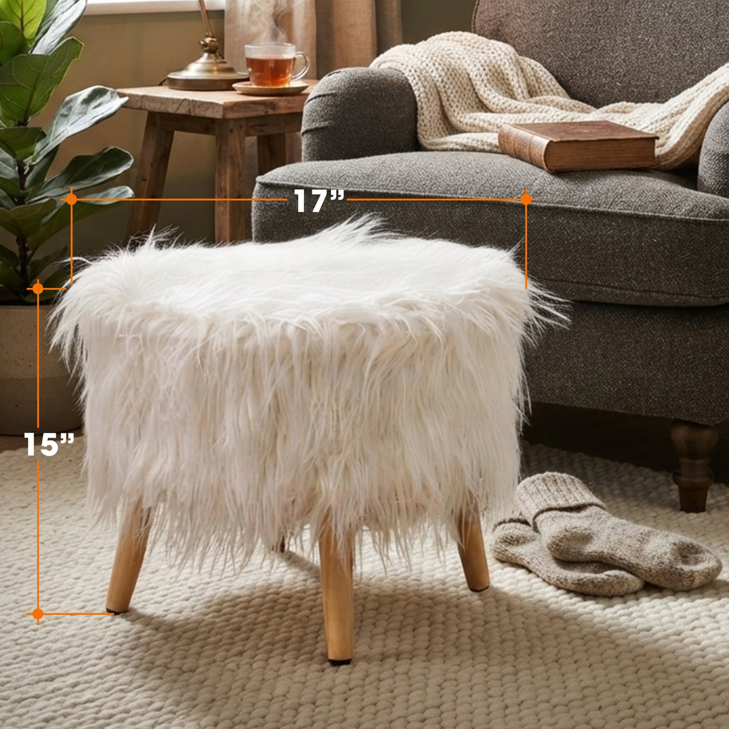 Cheer Collection Faux Fur Wood Leg Stool, White