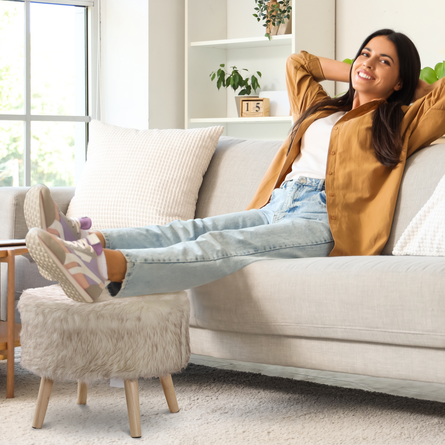 Cheer Collection Faux Fur Wood Leg Stool