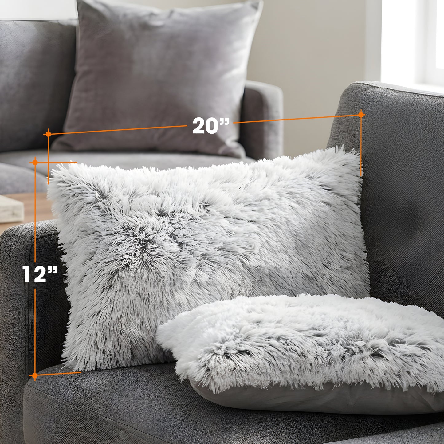 Cheer Collection  Shaggy Long Hair Throw Pillows - Super Soft and Plush Faux Fur Lumbar Accent Pillows - 12 x 20 - Set of 2