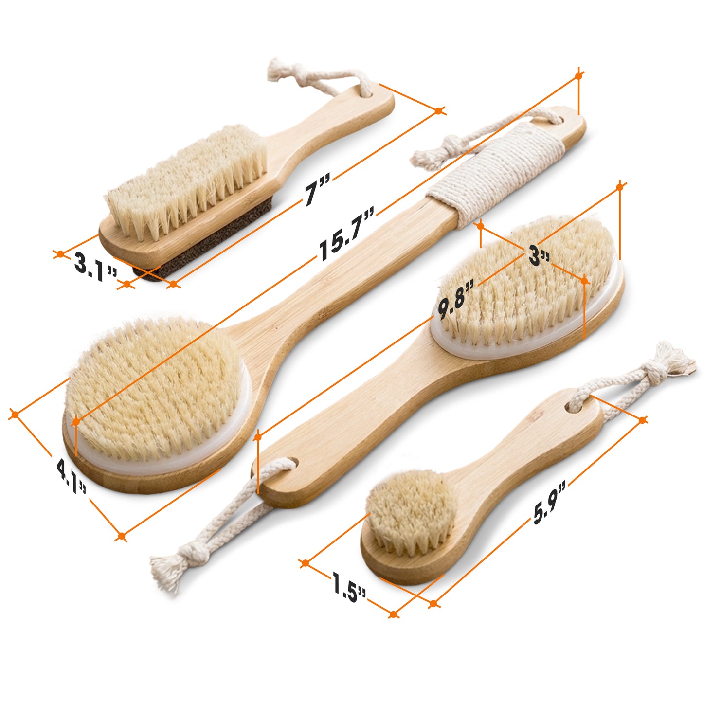 Cheer Collection Natural Bristle Shower Body Brush Set of 4 for Wet or Dry Brushing