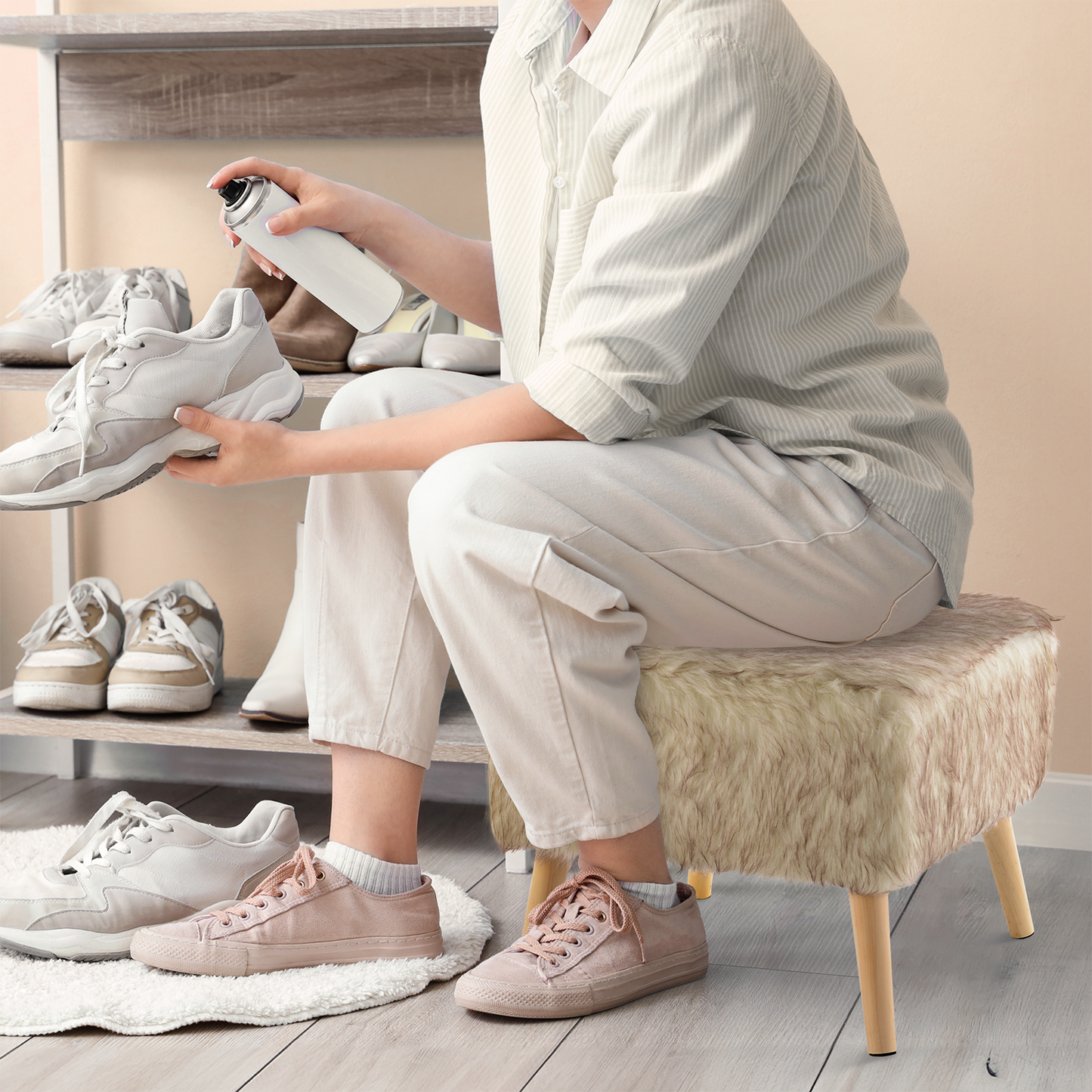 Cheer Collection Faux Fur Wood Leg Stool