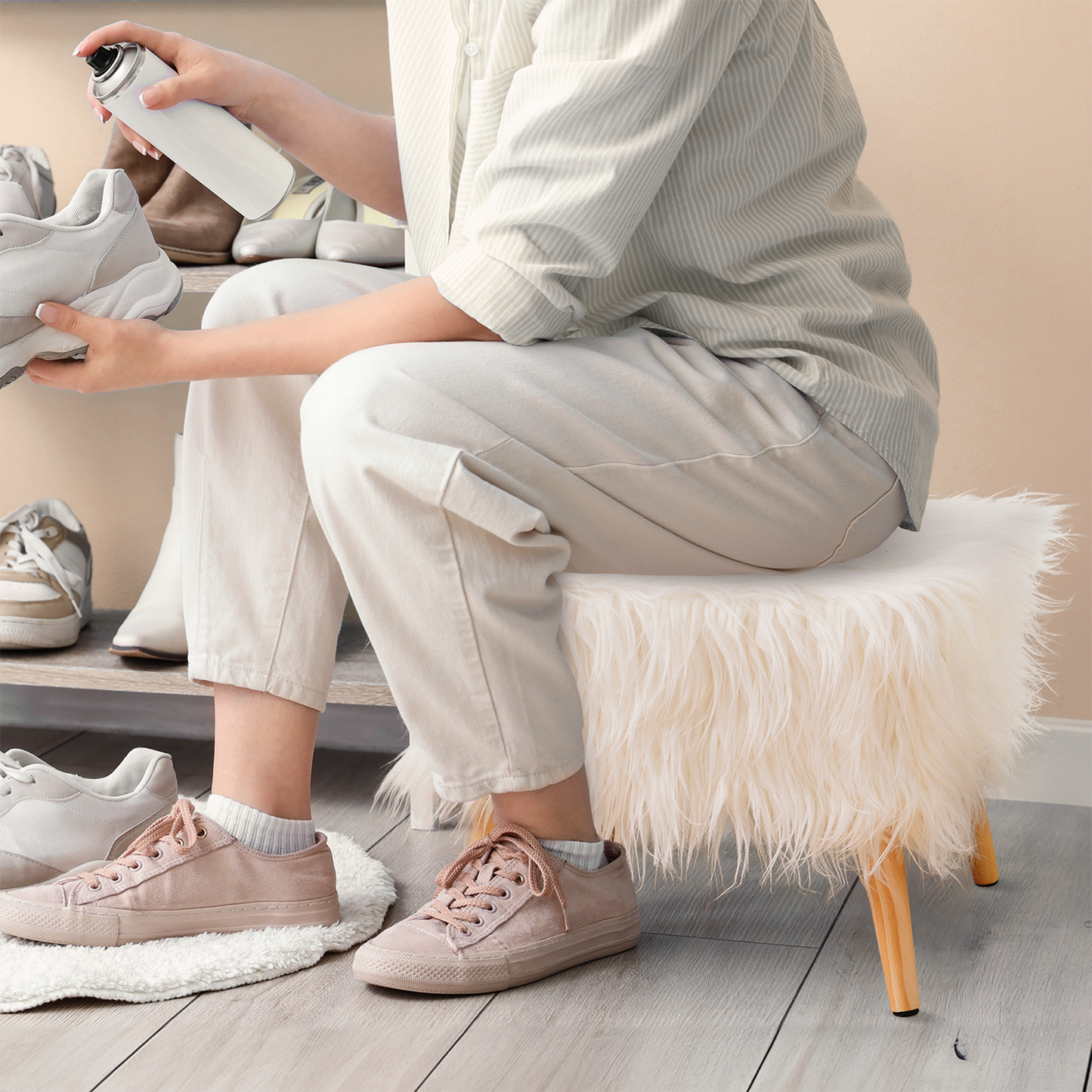 Cheer Collection Faux Fur Wood Leg Stool, White