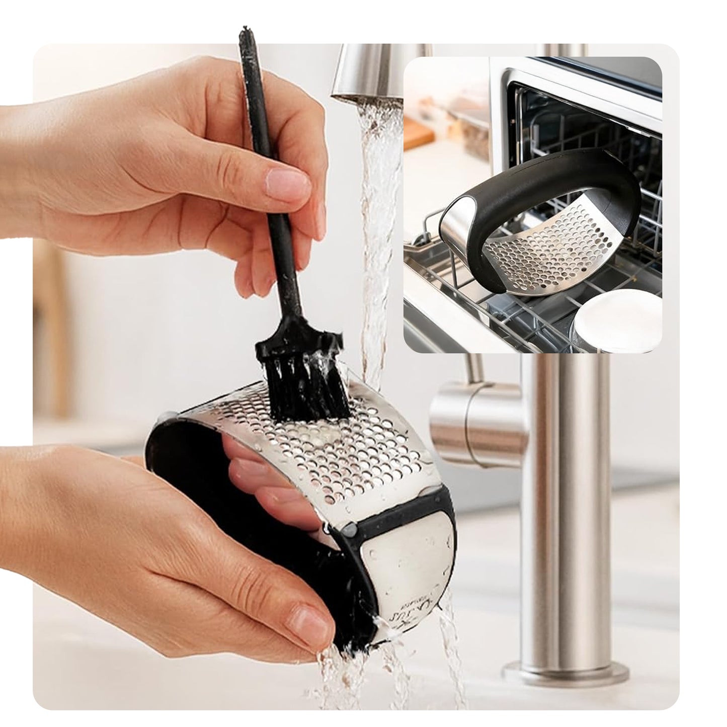 Cheer Collection Garlic Press Rocker Set Stainless Steel Garlic Mincer with Peeler Brush and Scraper