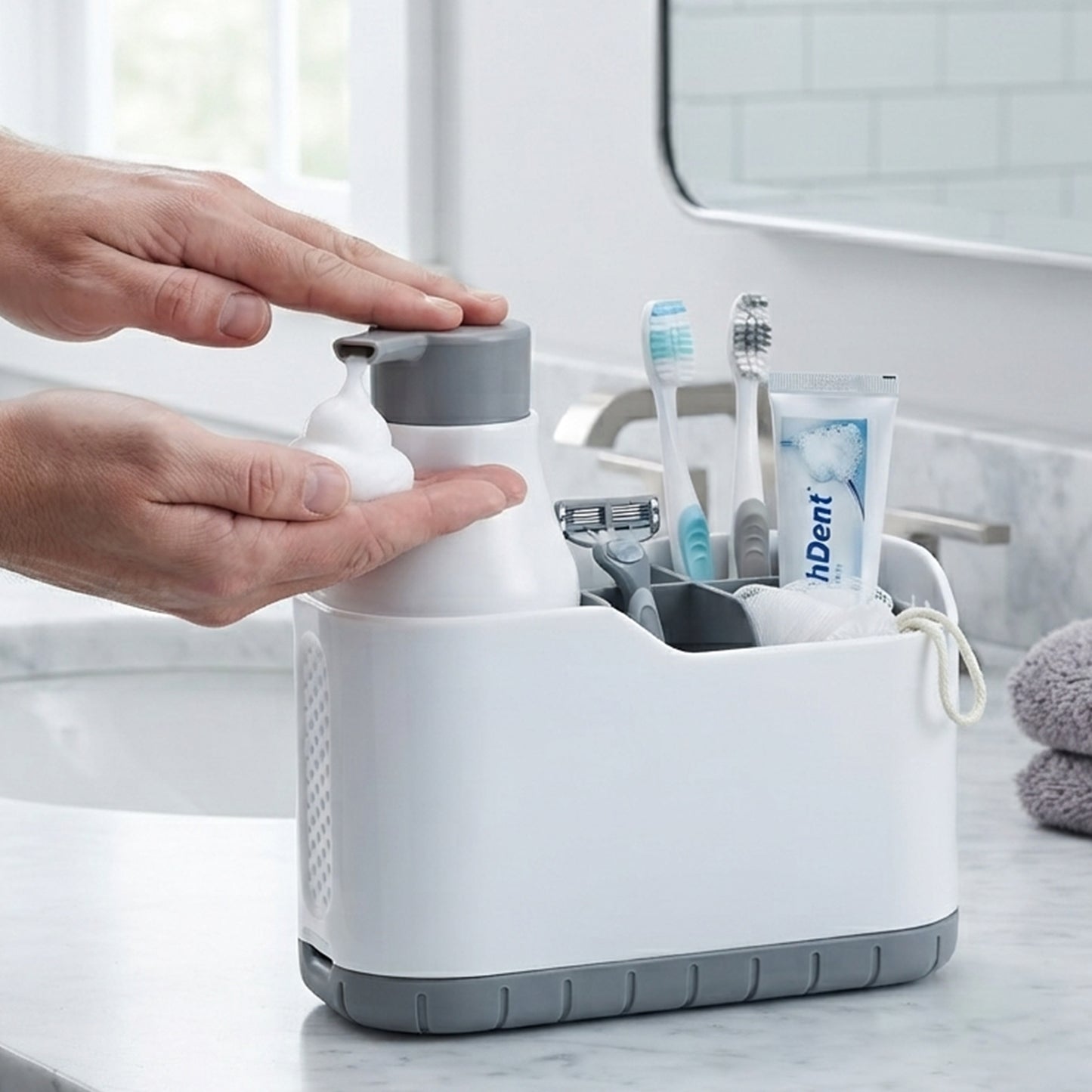 Cheer Collection Bathroom Organizer with Foaming Soap Pump & Dispenser