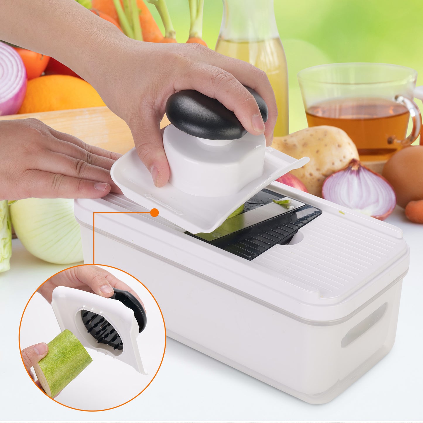 Cheer Collection Vegetable Slicer Mandoline and Grater Set with 5 Blades and Container Black and White