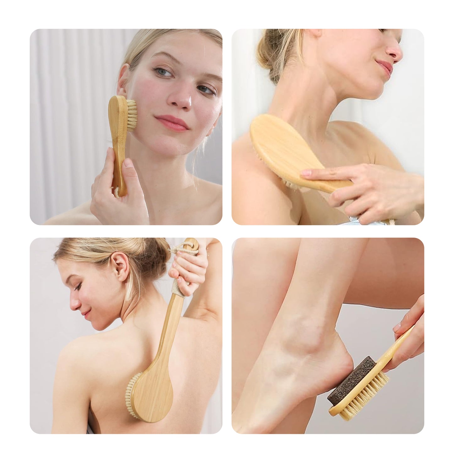 Cheer Collection Natural Bristle Shower Body Brush Set of 4 for Wet or Dry Brushing